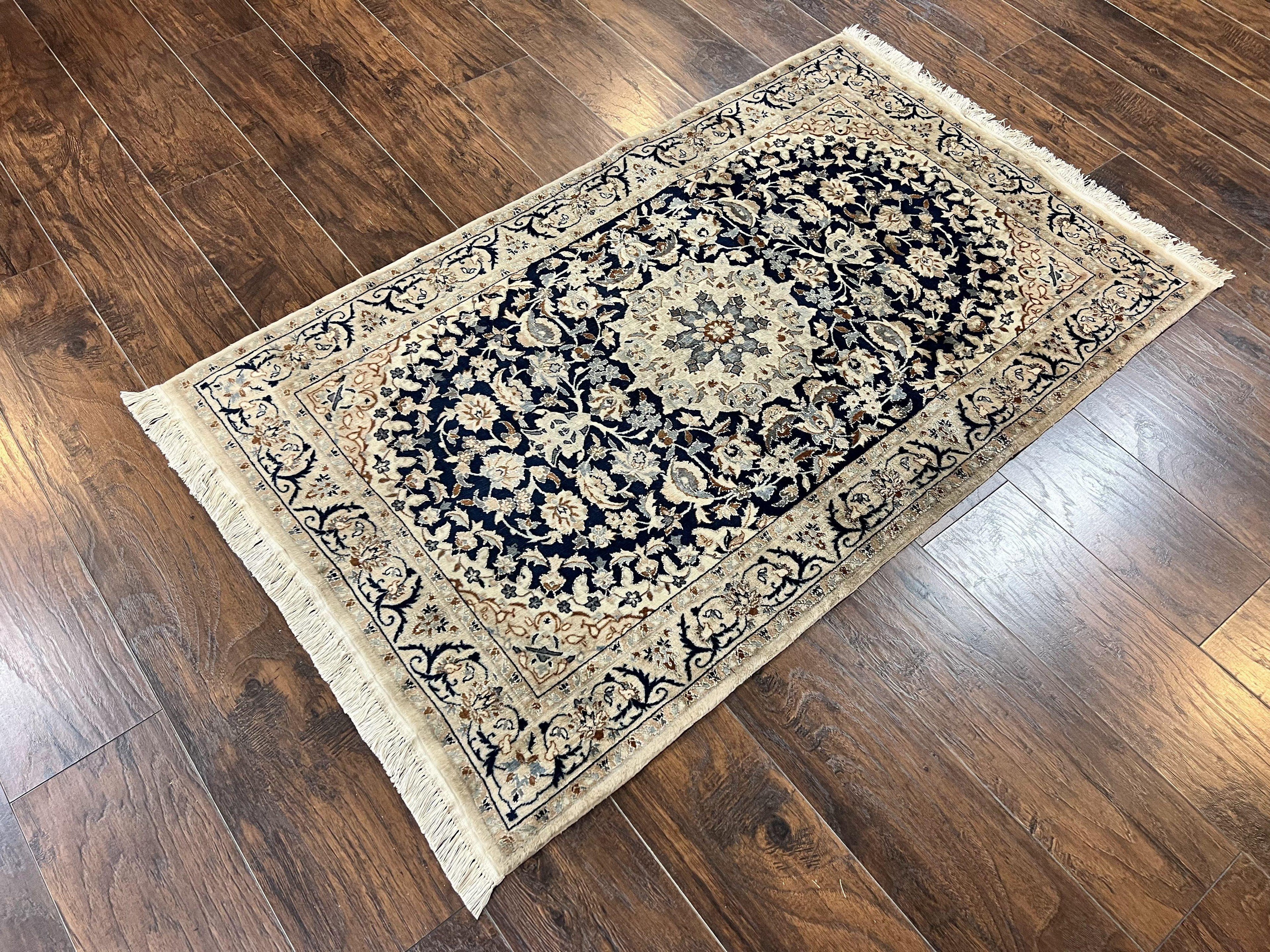 Persian Nain Rug 3x5, Floral Medallion Oriental Carpet, Very Fine Hand Knotted Handmade Wool and Silk Highlights Rug, Vintage Semi Antique