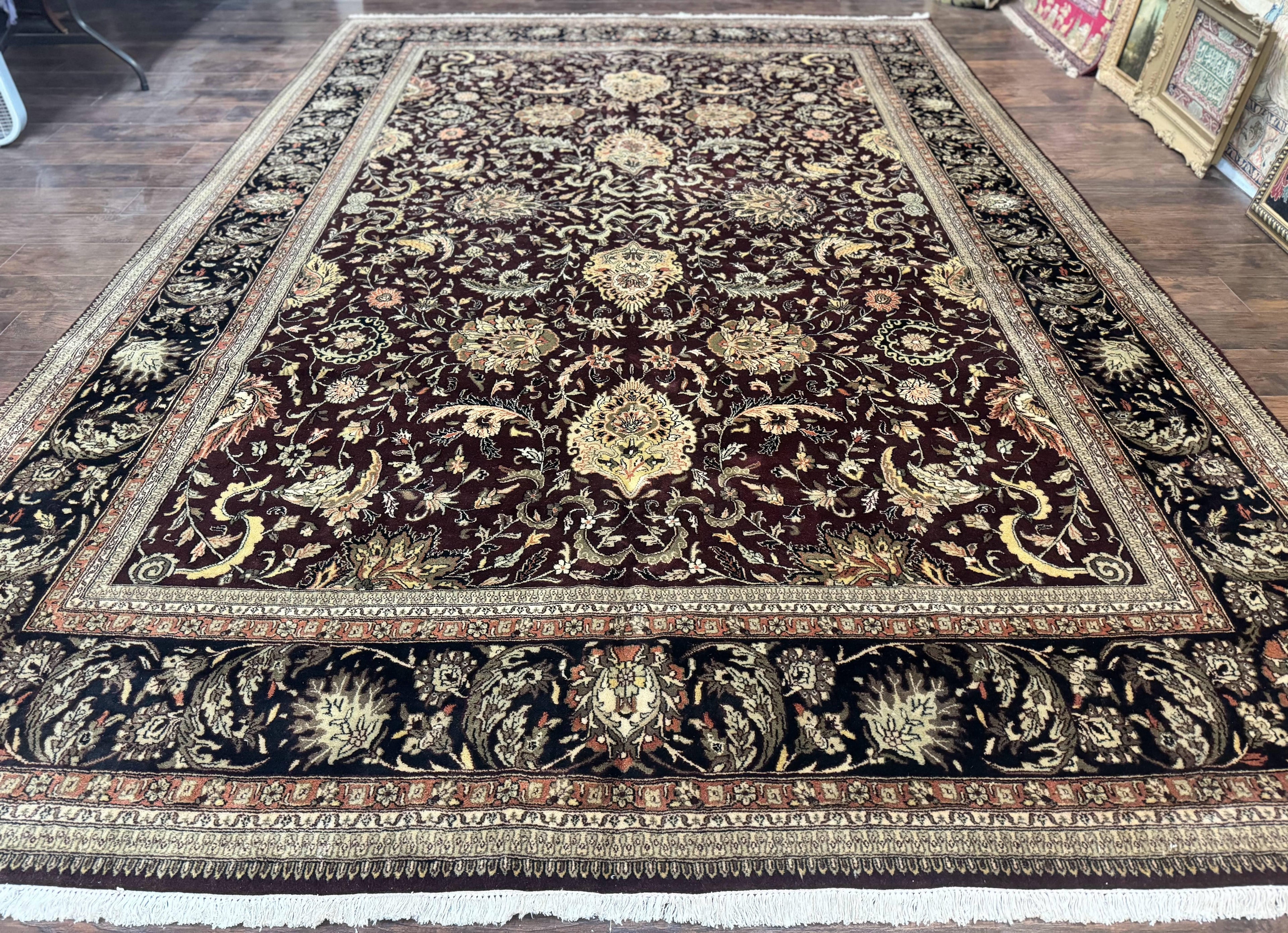 Indo Persian Rug 10x14, Floral Allover, Handmade Vintage Wool Rug, Dark Maroon/Plum and Black