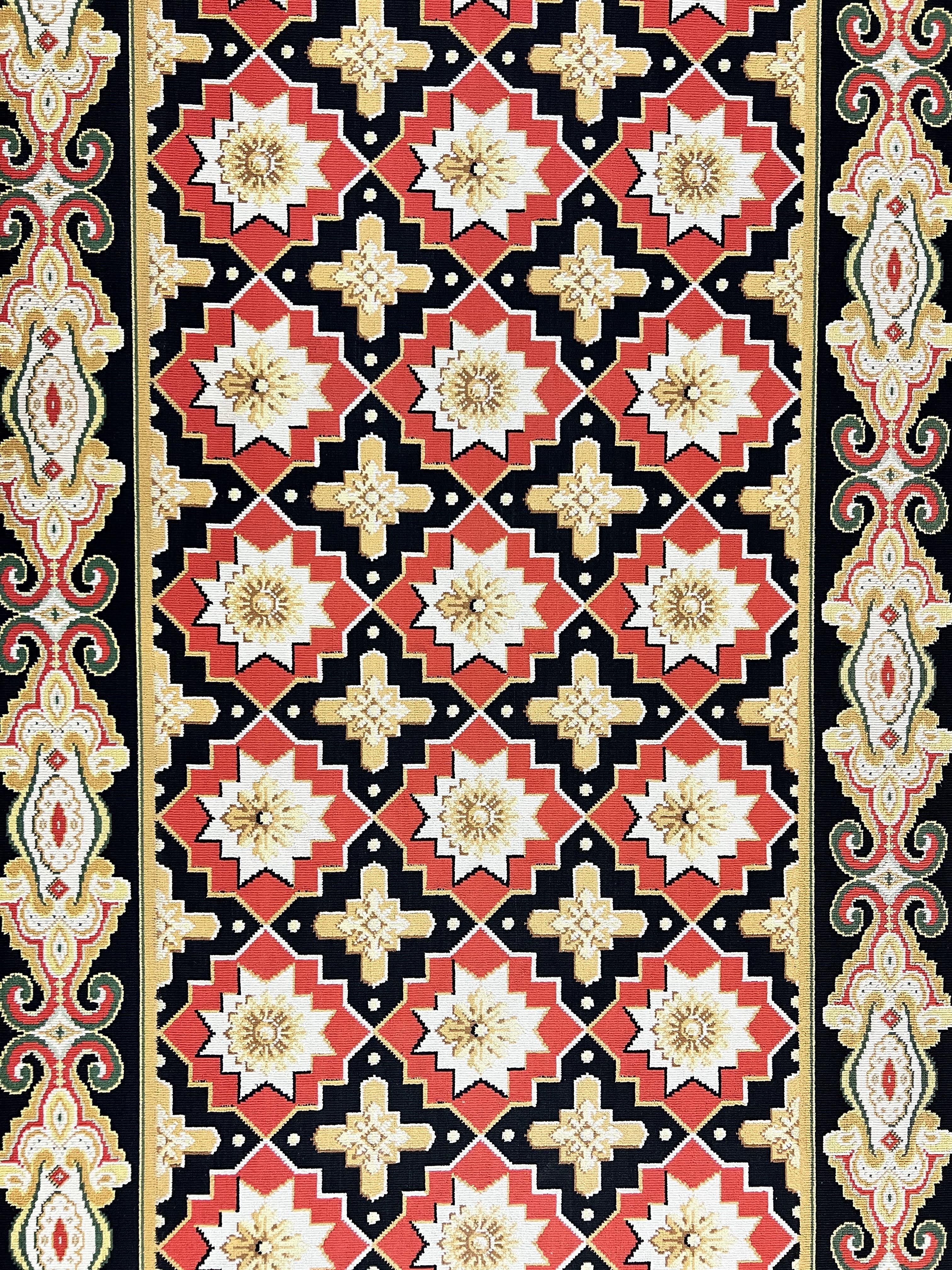 Runner Rug 4x19, Panel Design Rug, Custom Made Stark Runner Carpet, Wool, Vintage 4 x 19 Hallway Rug, European Design, Red Black Ivory Tan
