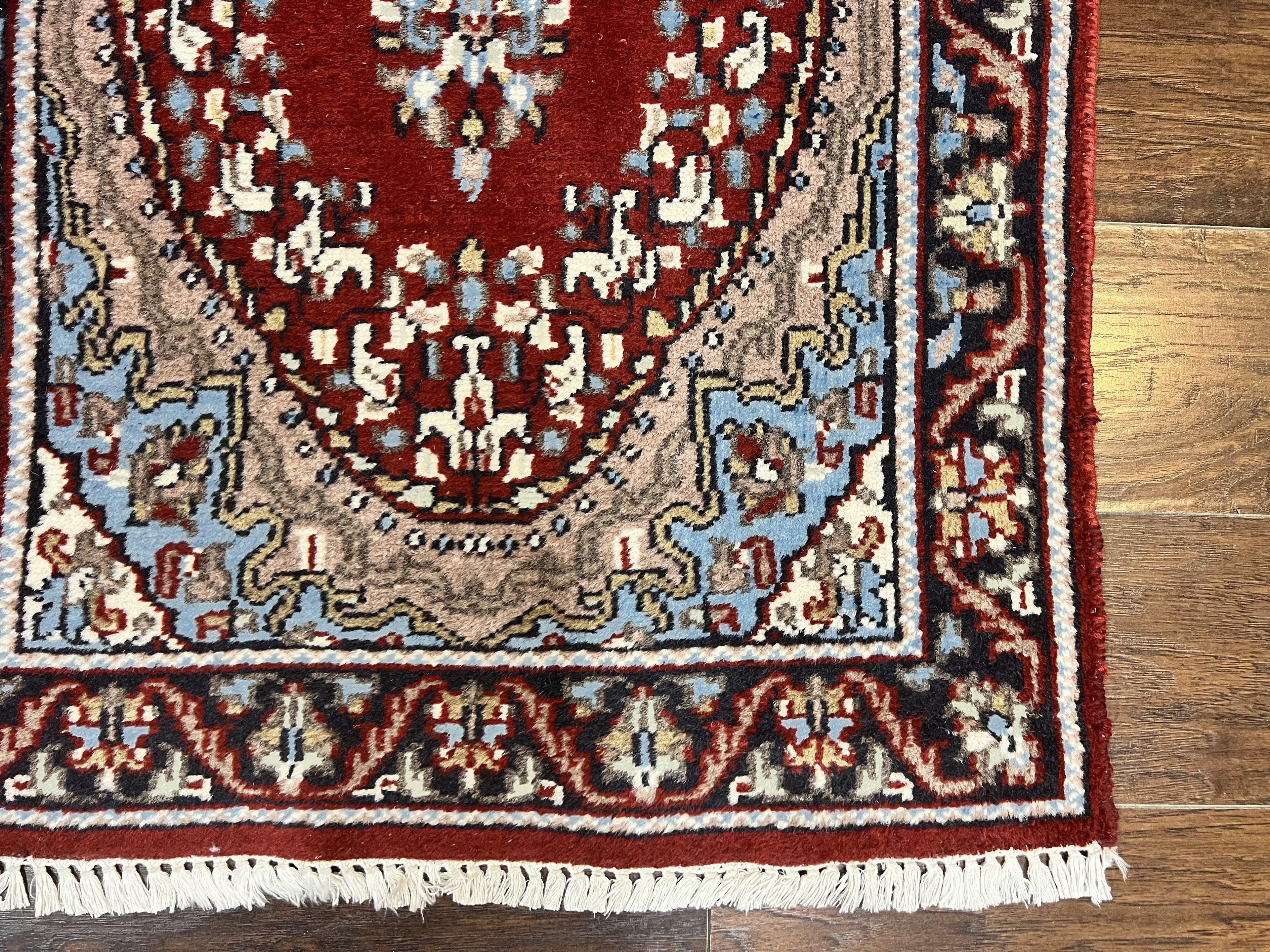 Indo Persian Runner Rug 2.8 x 14.8, Long Indo Kirman Hallway Rug, Red Floral Wool Vintage Handmade Oriental Runner