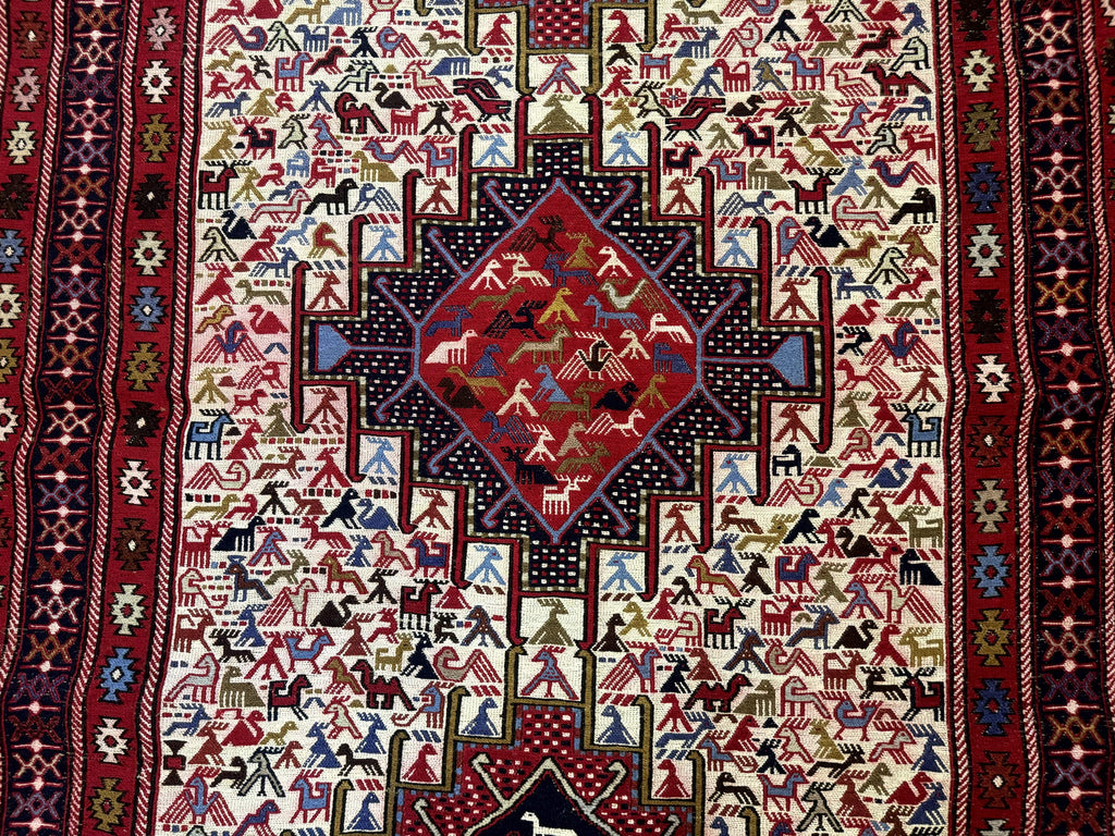Persian Soumak Kilim Rug 4x6, Triple Medallions Tribal Pictorials, Caucasian Azerbaijani Kilim