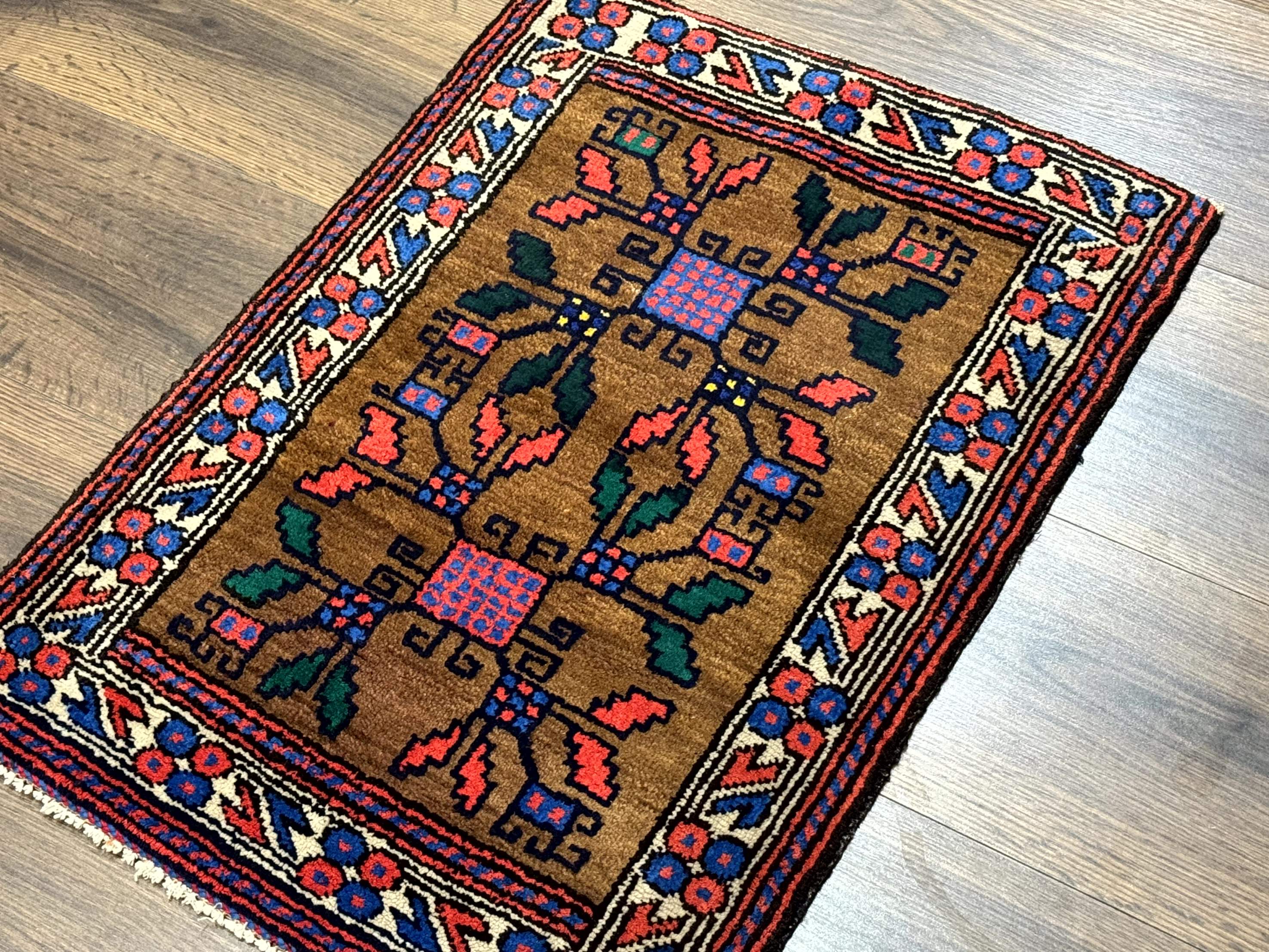 Small Persian Baluchi Rug, Tribal Rug, Brown, Multicolor