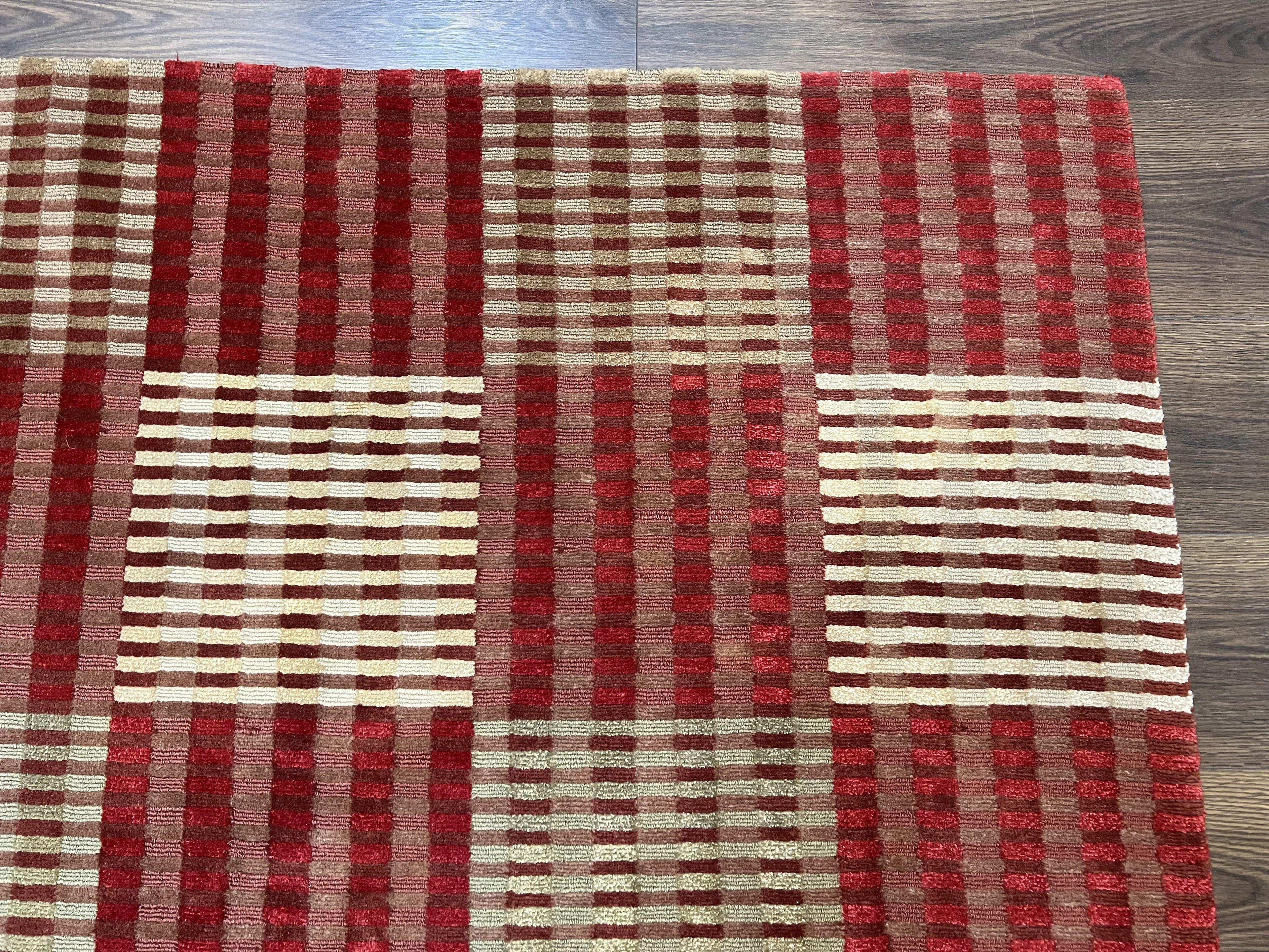 Modern Tibetan Rug 8x10, Hand Knotted Contemporary Nepali Carpet 8 x 10, Checkerboard Design, Red Cream Light Brown, Very Fine Wool & Silk