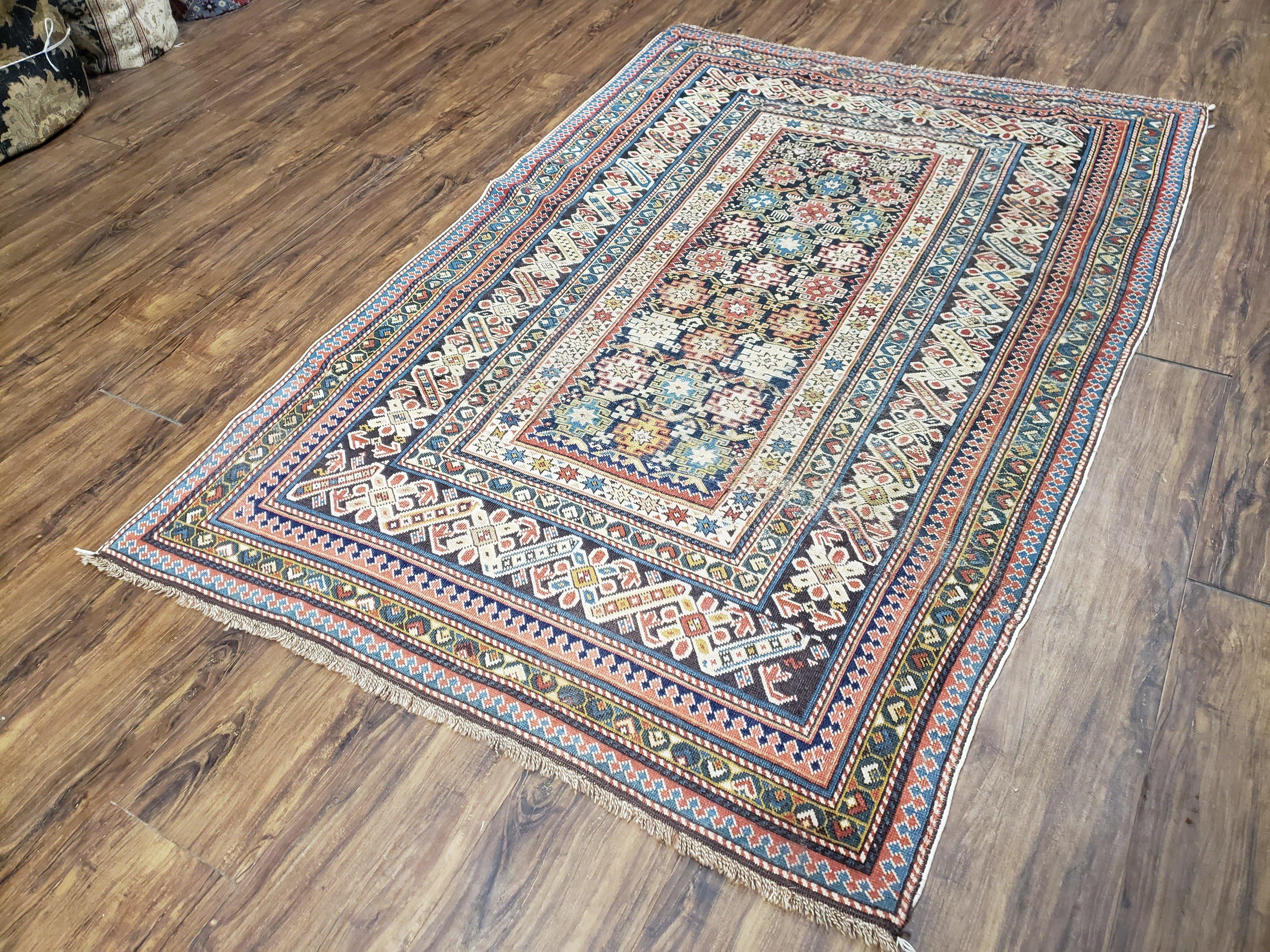 Caucasian Rug 3'9" x 5'7", Antique 1920s Collectible Caucasian Chi Chi Carpet, Hand Knotted, Colorful, Dark Blue Cream Red, Wool, Small Rug