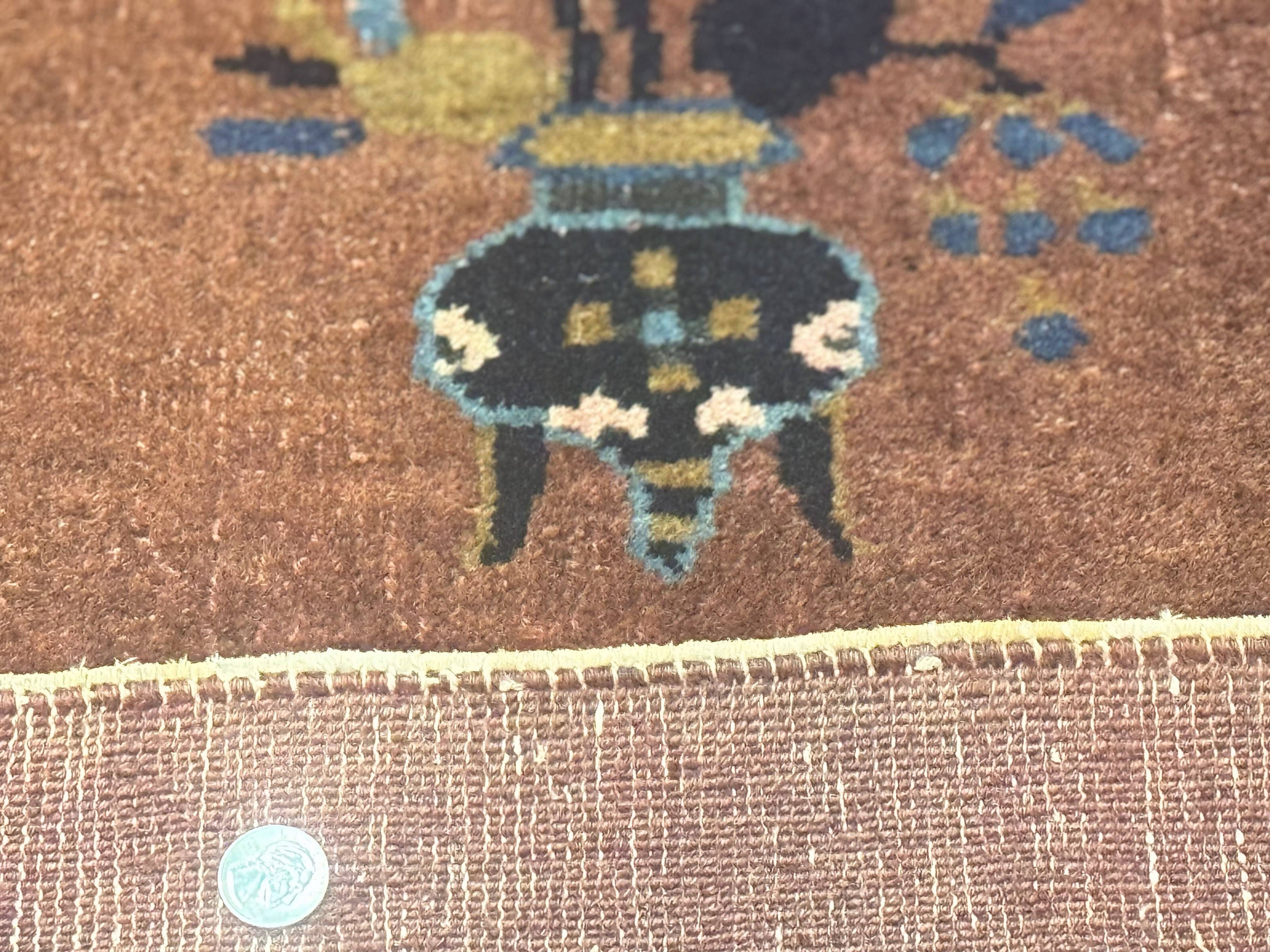 Antique Chinese Wool Rug 9x12, Light Brown and Navy Blue, Fete Peking Art Deco