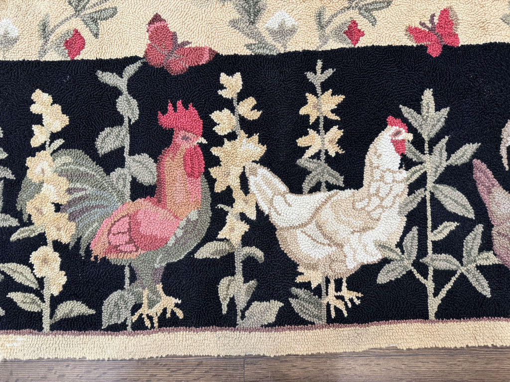 Vintage Hooked Rug 7x9, Rosters in Border, Roses and Butterflies