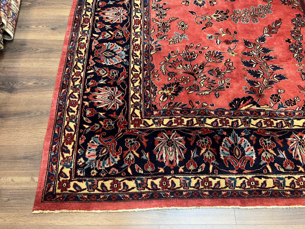 Indo Sarouk Rug 10x14, Vintage Indian Persian Area Rug 10 x 14, Wool Hand-Knotted Oriental Carpet, Red Floral Allover Large Rug, Beautiful