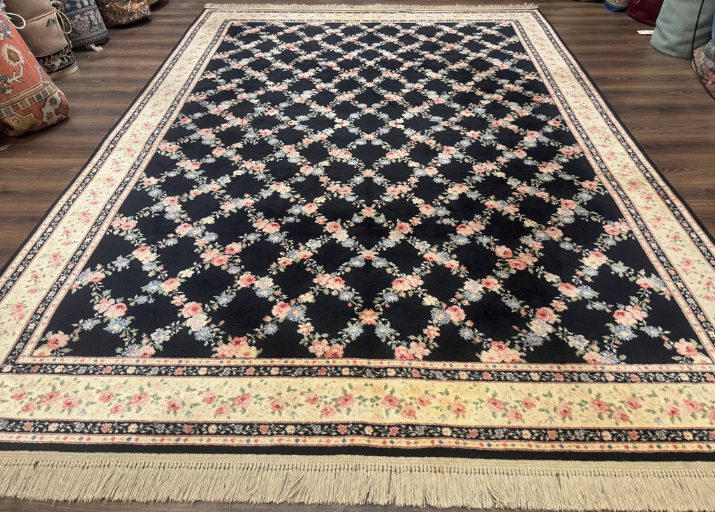8.8 x 12 Karastan Garden of Eden Rug, Ebony Trellis #509/1270, Black, Floral, Wool Pile, Vintage, Discontinued