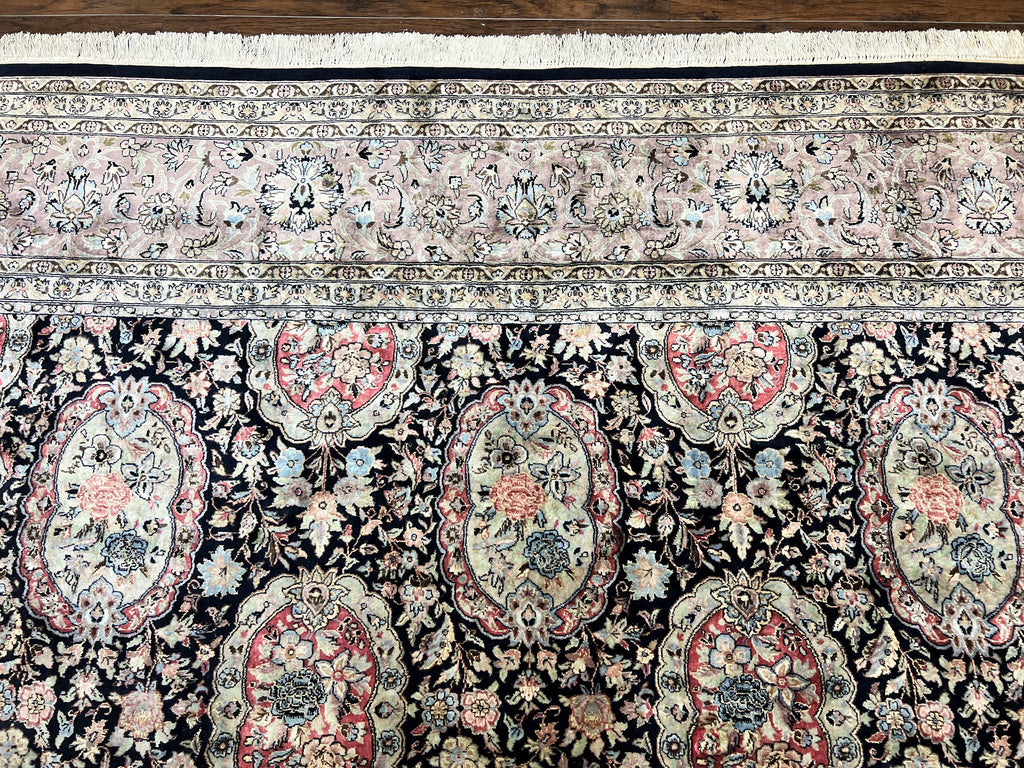 Sino Persian Rug 9x12, Navy Blue and Pink Hand Knotted Wool and Silk Highlights Vintage Oriental Carpet, Handmade Floral Area Rug 9 x 12 ft
