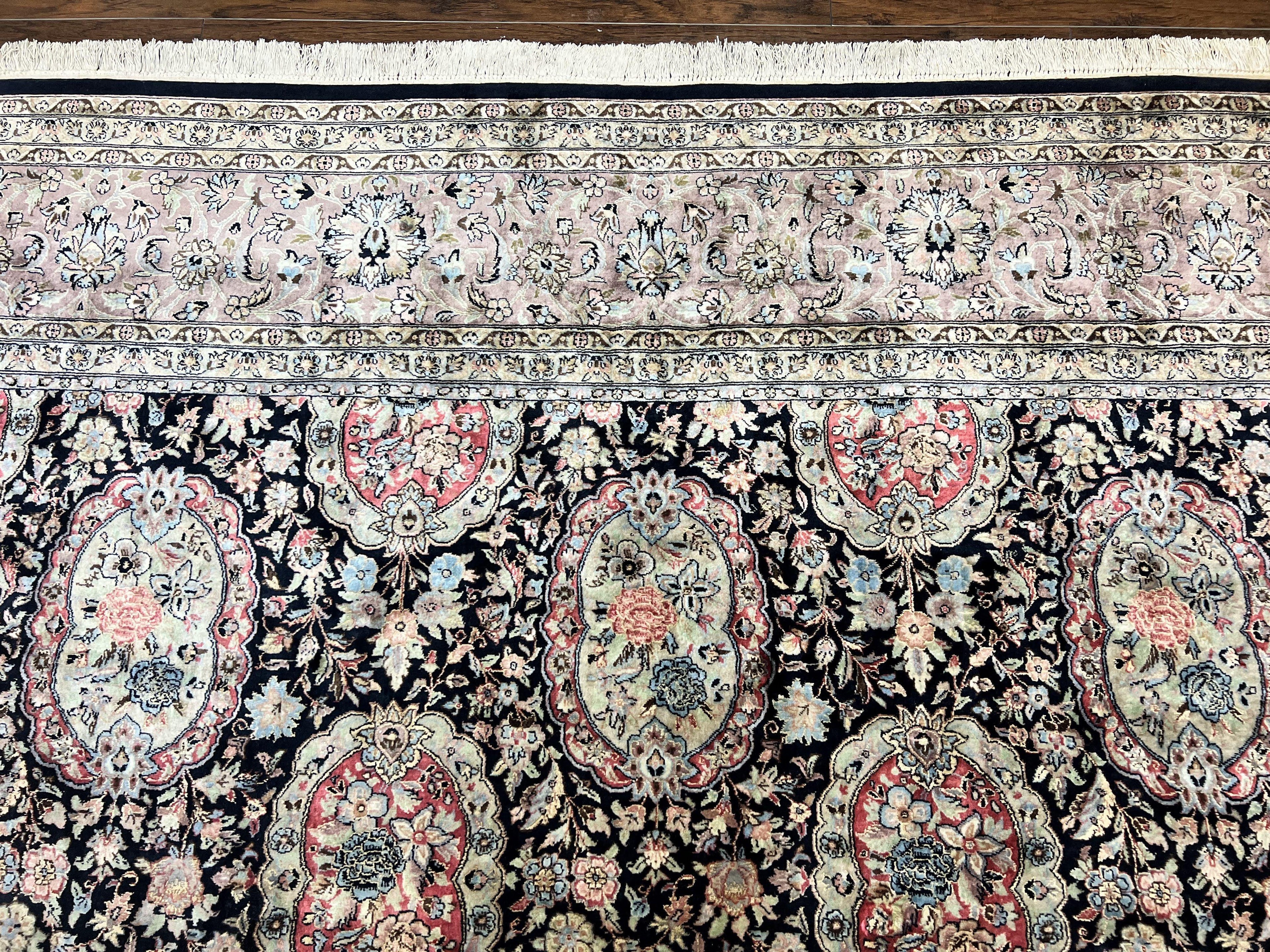 Sino Persian Rug 9x12, Navy Blue and Pink Hand Knotted Wool and Silk Highlights Vintage Oriental Carpet, Handmade Floral Area Rug 9 x 12 ft