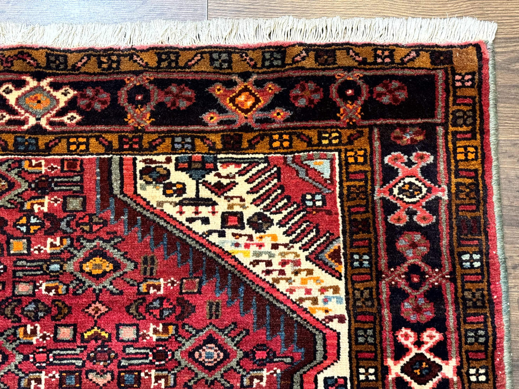 Persian Hamadan Rug 4x7, Tribal Village Malayer Carpet, Red and Ivory, Bohemian Antique