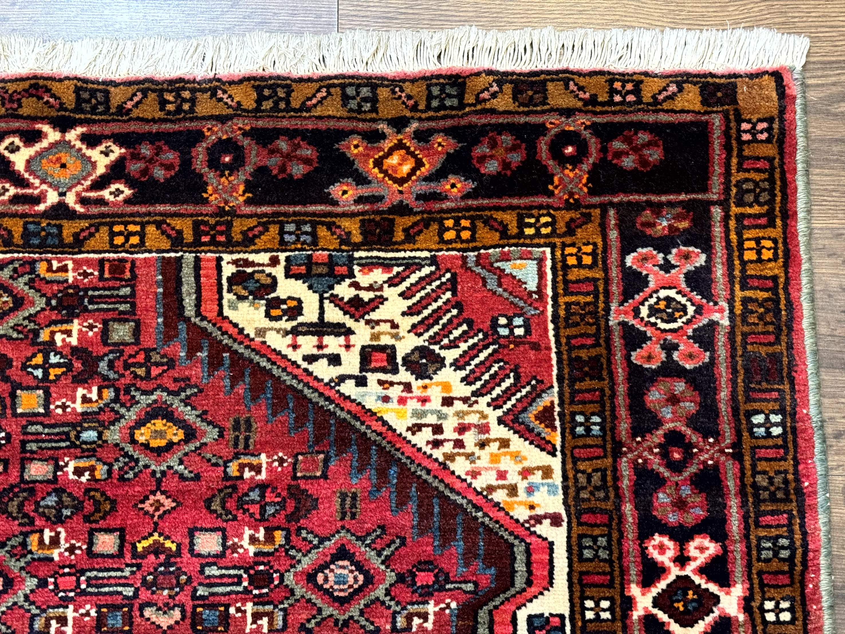 Persian Hamadan Rug 4x7, Tribal Village Malayer Carpet, Red and Ivory, Bohemian Antique