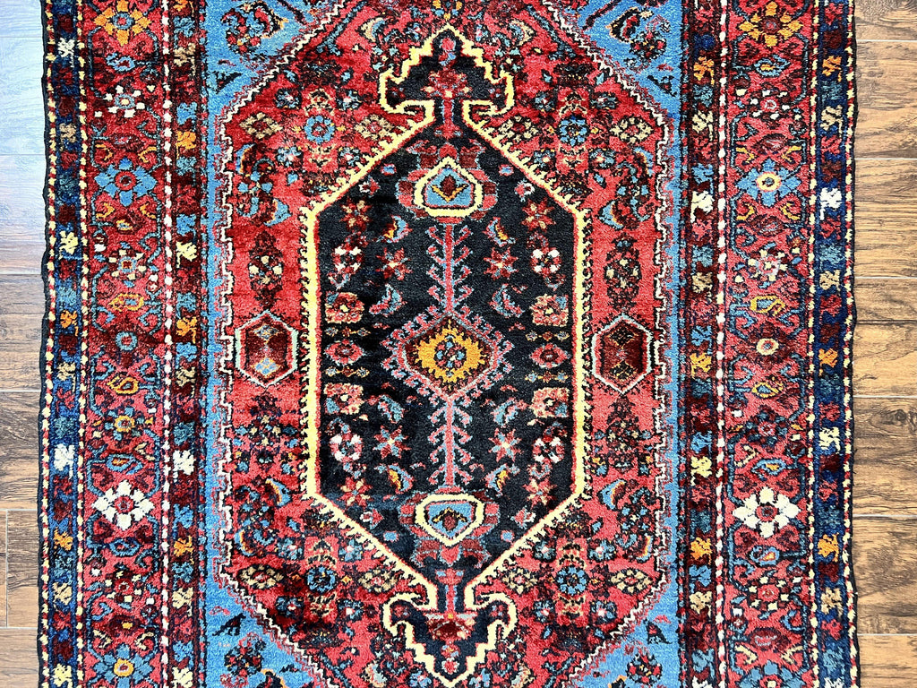 Antique Persian Tribal Rug 4x7, Wool Handmade 1920s Carpet, Red Blue, Persian Hamadan Rug