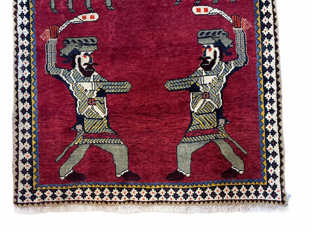 3 X 6 Handmade Wool Rug Tribal Balouch Warriors Deer Animal Pictorial Red Swords