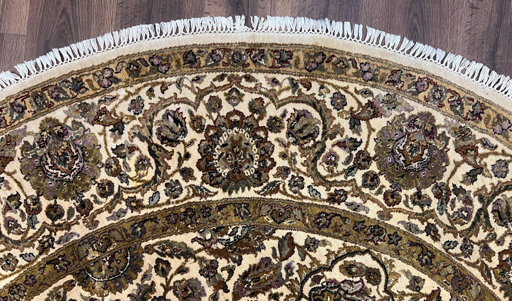 Round Indo Persian Rug 8x8 ft, Large Hand Knotted Vintage Wool Circular Carpet, 8ft Round Oriental Rug, Floral Medallion, Cream and Green