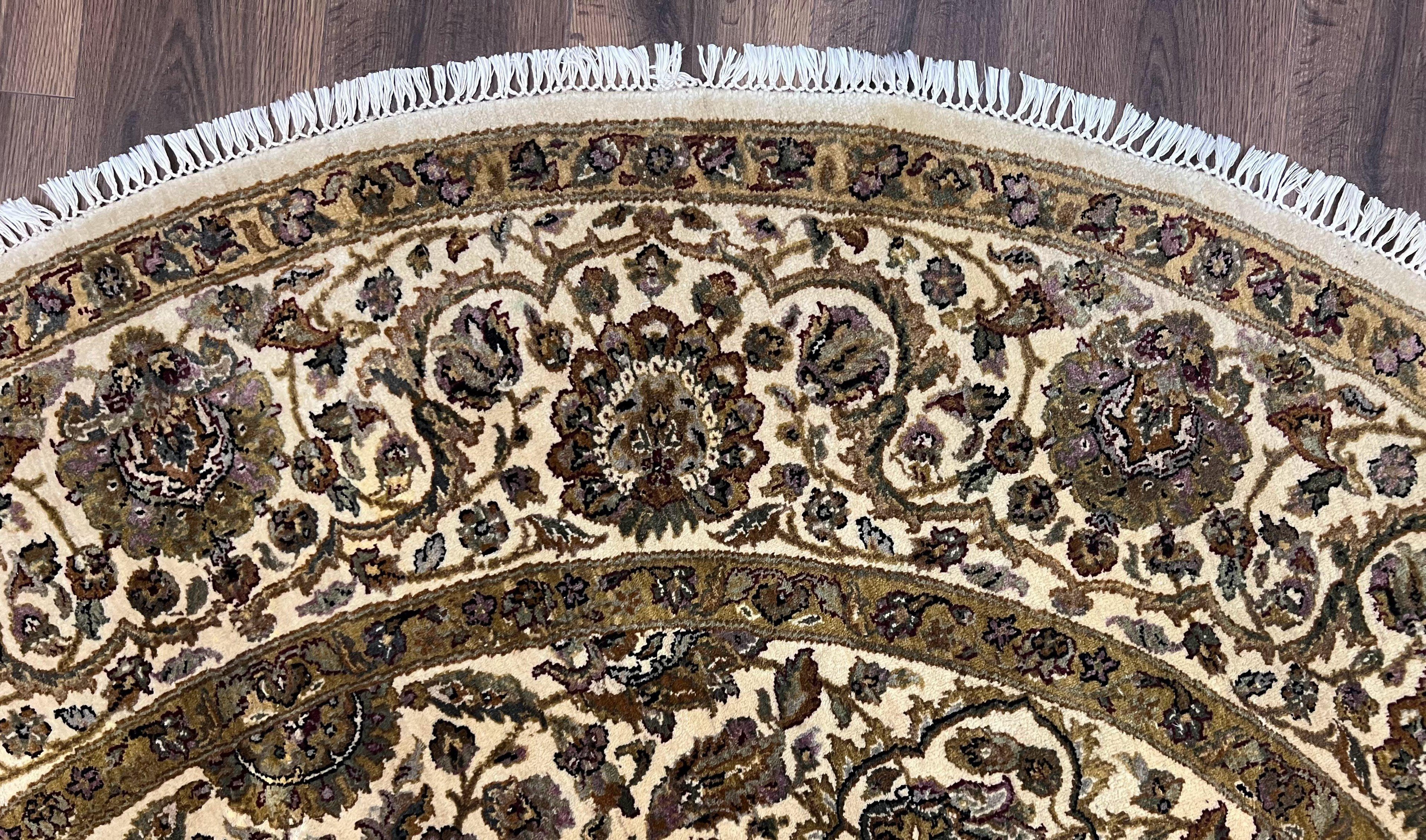 Round Indo Persian Rug 8x8 ft, Large Hand Knotted Vintage Wool Circular Carpet, 8ft Round Oriental Rug, Floral Medallion, Cream and Green