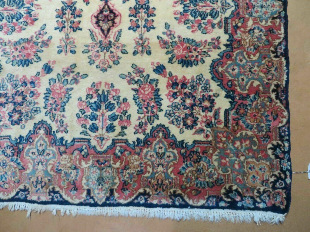 Antique Persian Kirman Rug 3.9 x 6.6, Floral Oriental Carpet, Ivory/Cream - Blue - Pink, Hand Knotted Wool Rug, Floral Medallion Rug 4x6