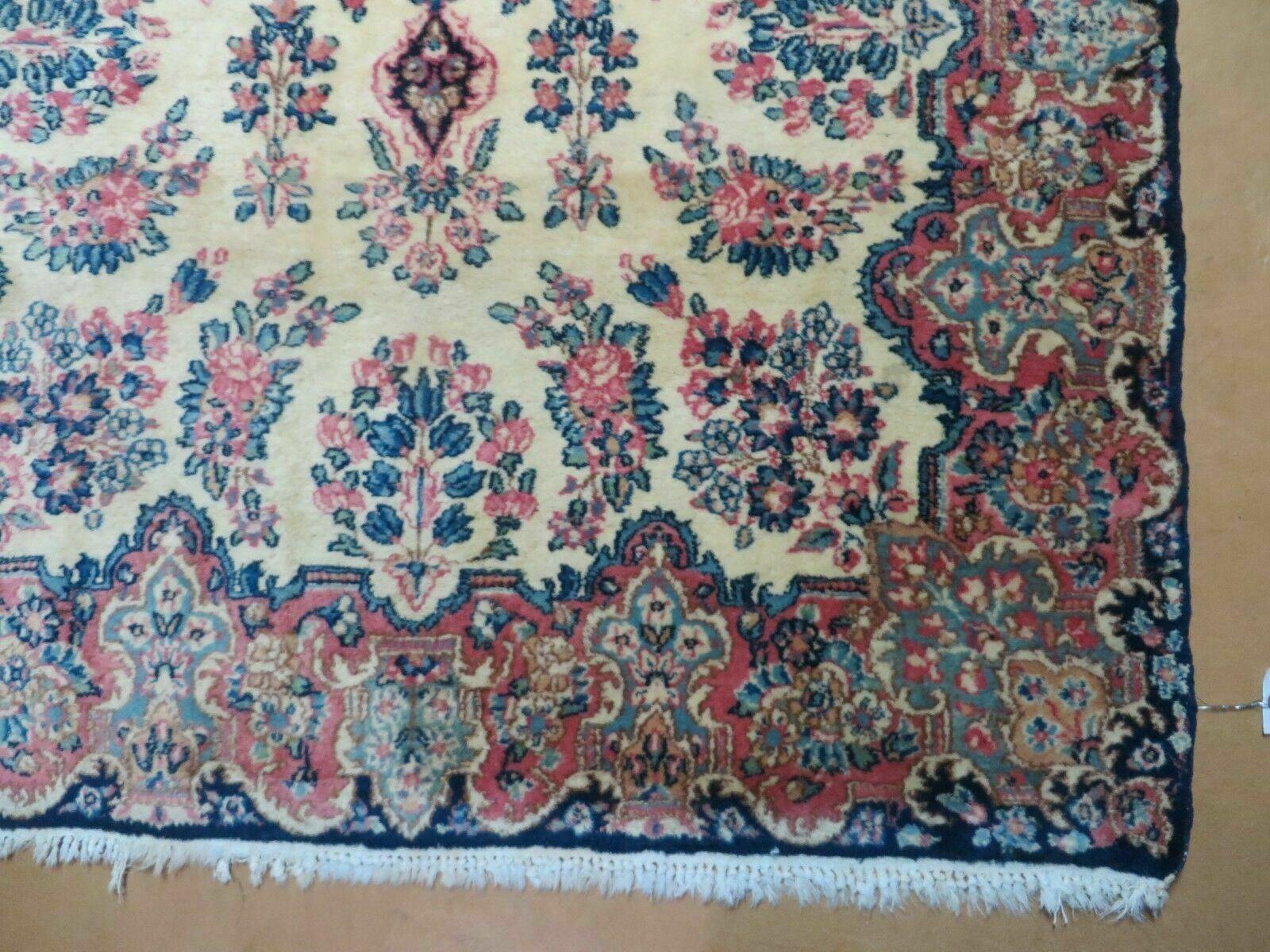 Antique Persian Kirman Rug 3.9 x 6.6, Floral Oriental Carpet, Ivory/Cream - Blue - Pink, Hand Knotted Wool Rug, Floral Medallion Rug 4x6