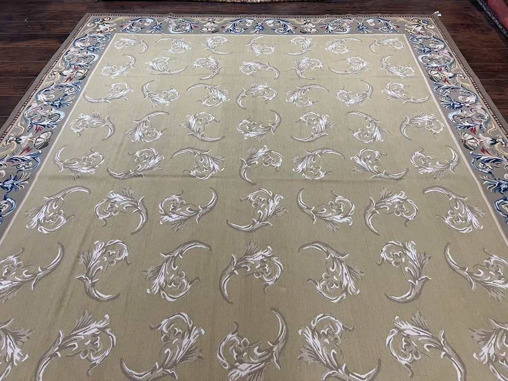 Vintage Aubusson Flatweave Area Rug 9x12, Aubusson Weave, Wool, Beige, Handmade, French European Design, 8'9" x 11'9"