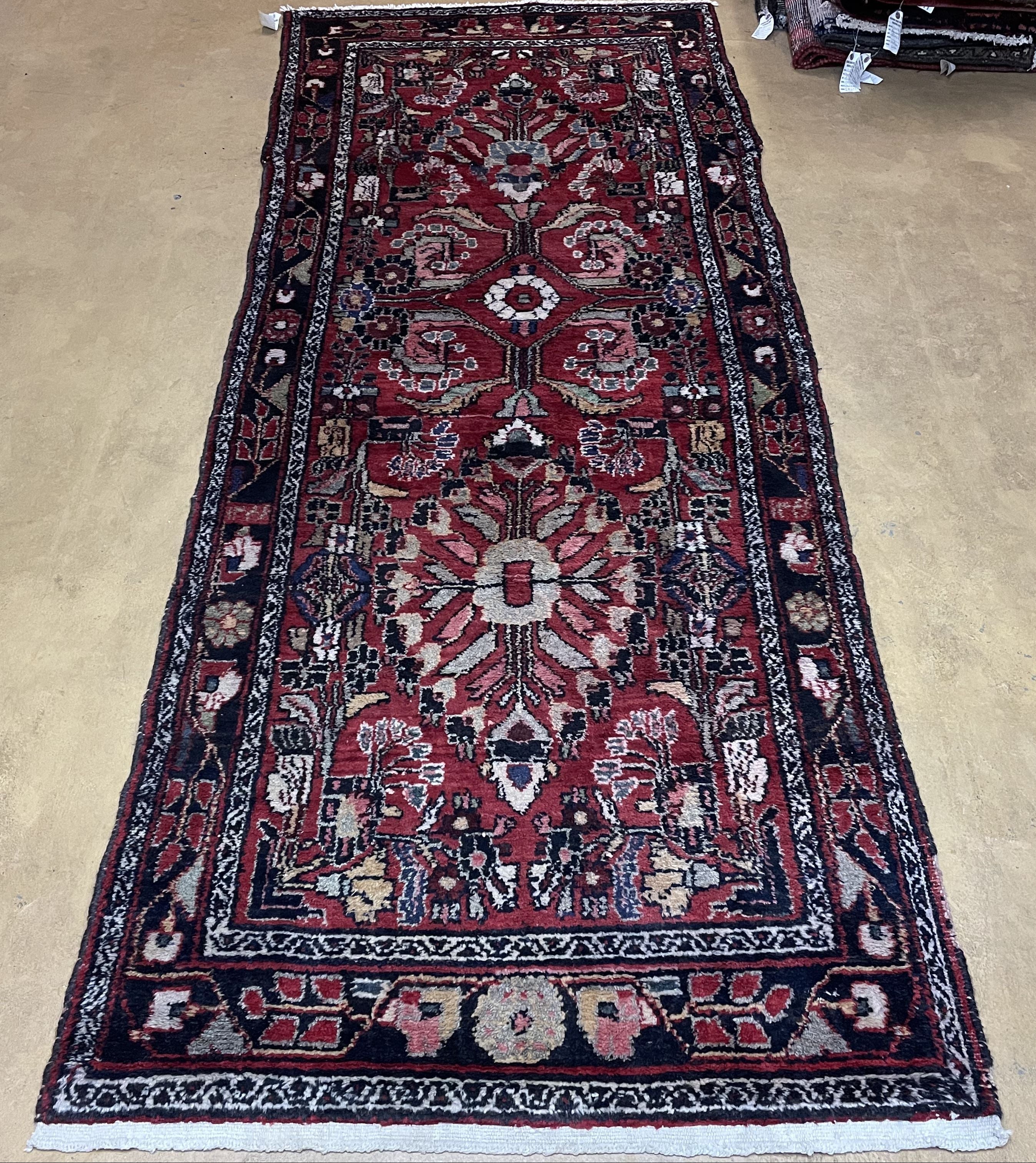 Antique Persian Hamadan Runner Rug 3.4 x 9, Red, Handmade Wool Runner