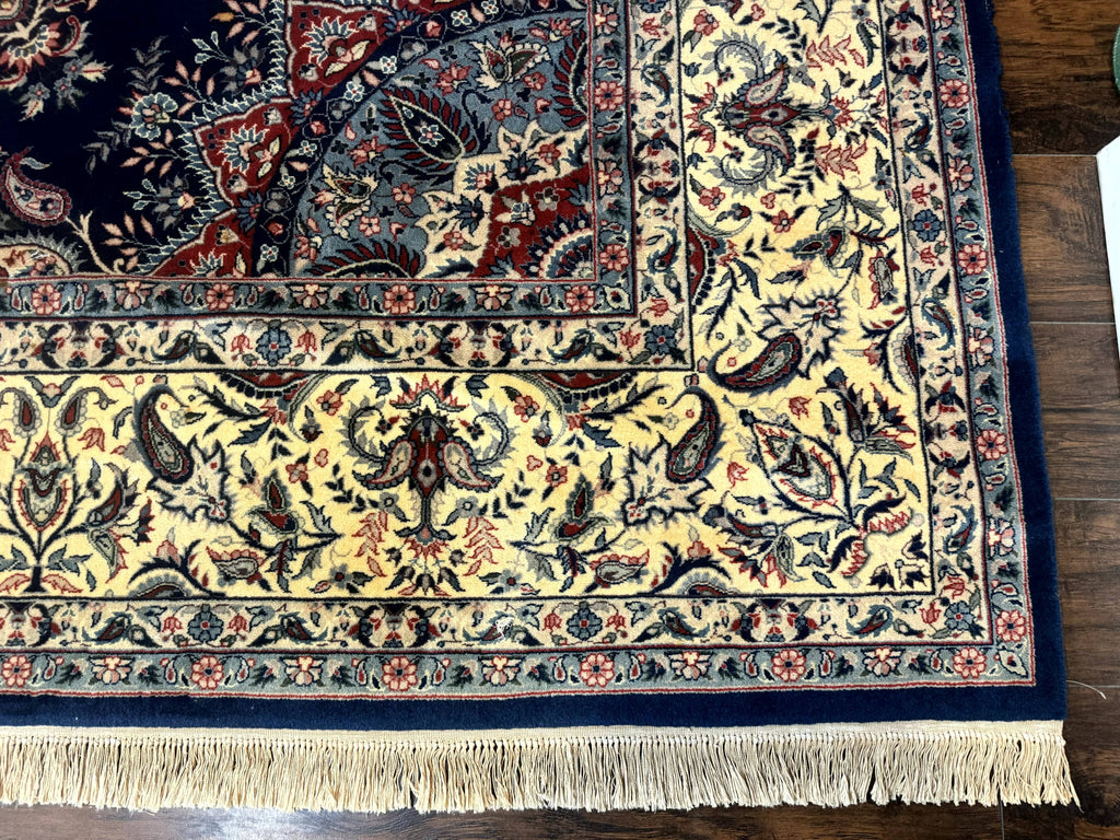 Sino Persian Kerman Rug 10x14, Blue and Beige, Floral Medallion, Fine 240 KPSI