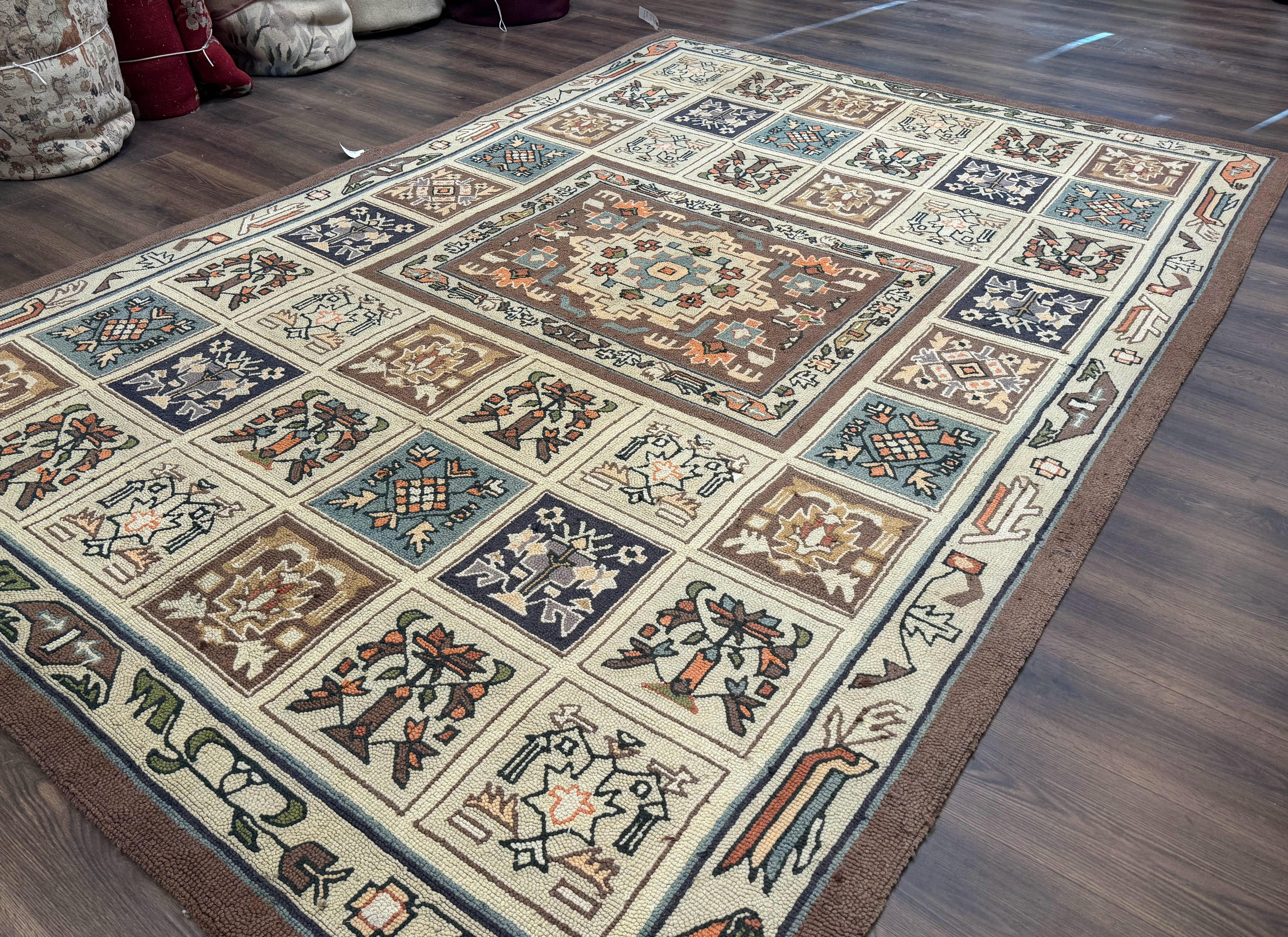 Hooked Rug 8x11, Vintage, American Vintage Hand Hooked Area Rug, Multicolor Panel, Rare
