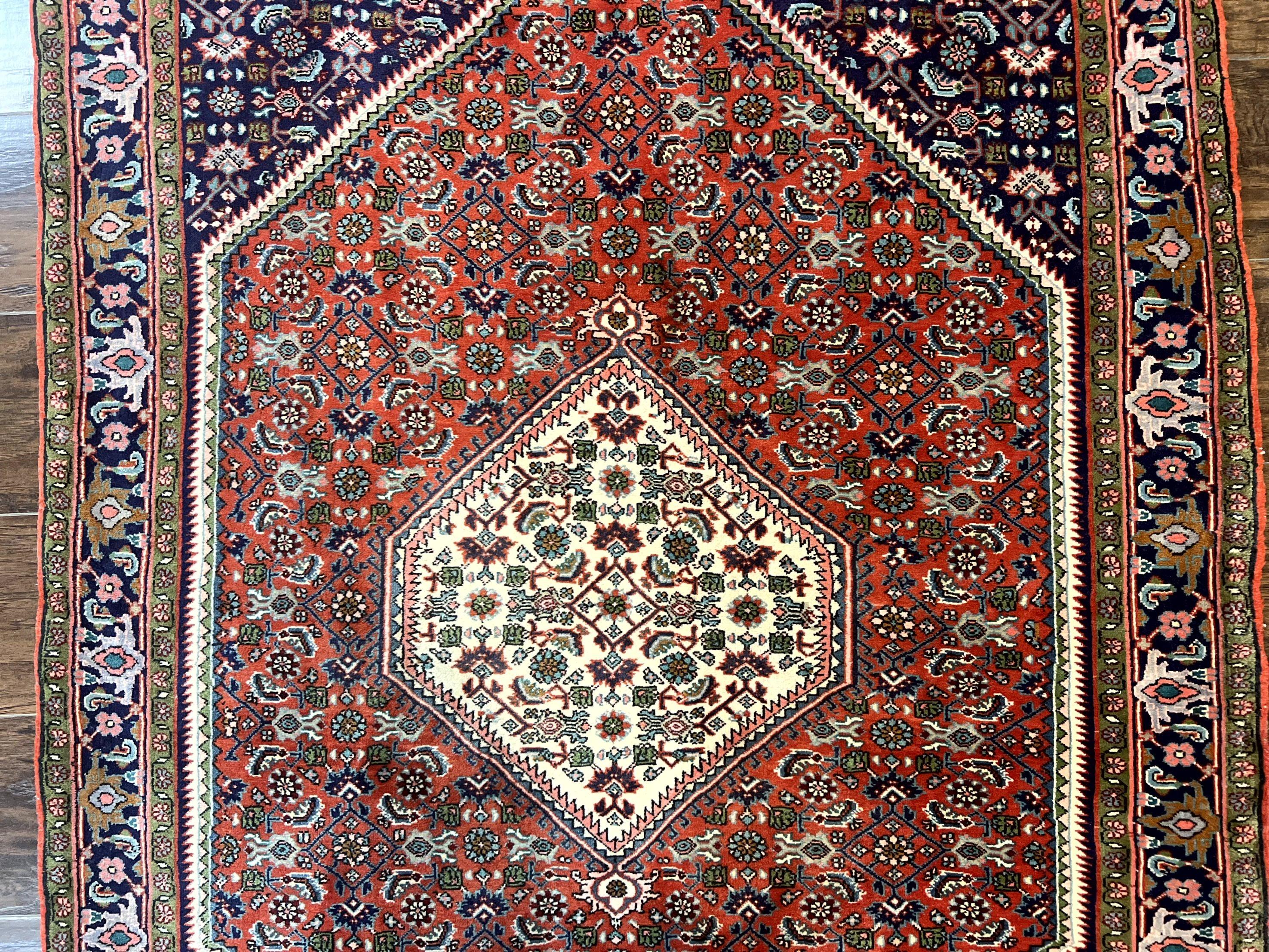 Persian Bidjar Rug 4x5, Finely Hand Knotted Vintage Carpet, Red and Navy Blue, Handmade Wool Rug, 180 KPSI