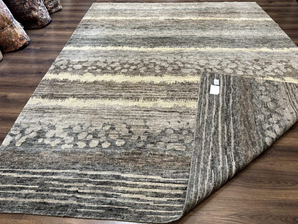 Modern Tibetan Wool Rug 8x10, Abstract, Contemporary, Handmade, Gray, Stripes