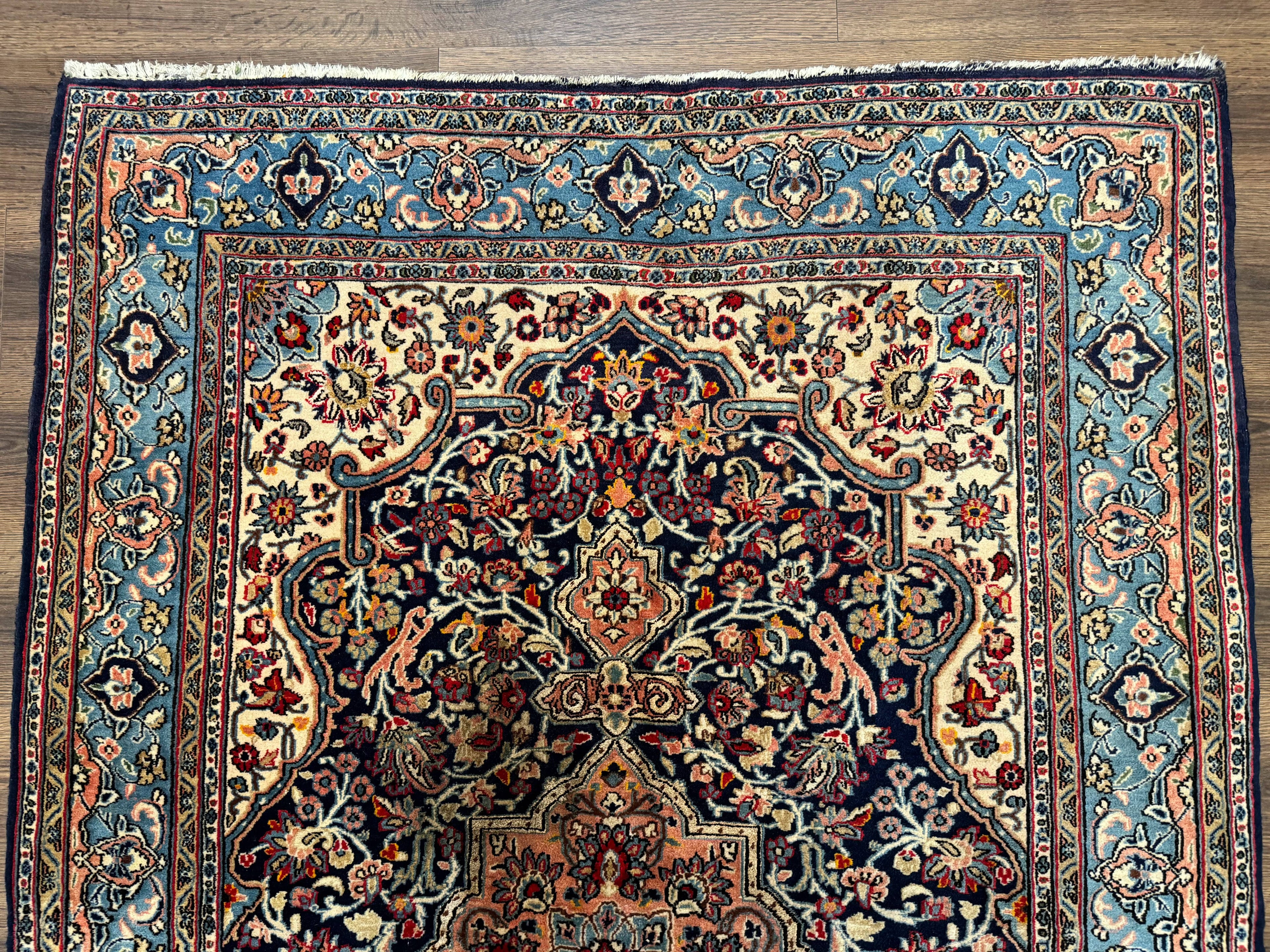 Persian Qum Rug 5x7 in Navy Light Blue and Ivory, Wool wilh Silk Highlights, 225 KPSI