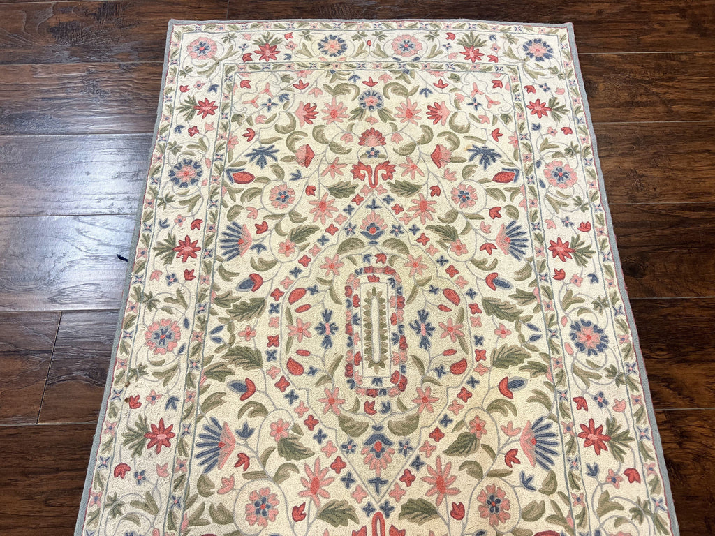 Hand Stitched Indian Rug 4x5, Floral, Vintage Hand Embroidered Rug