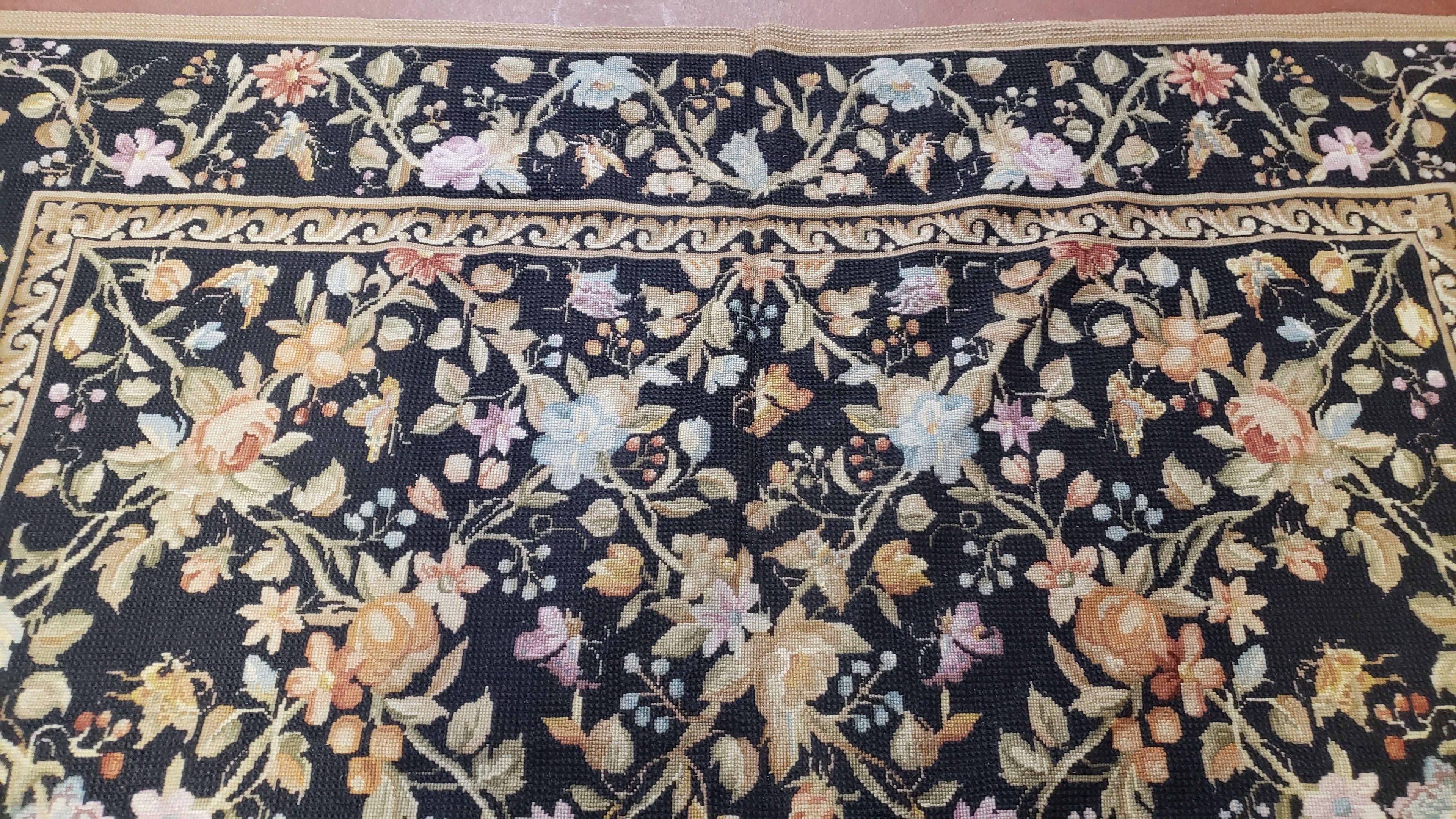 6x9 Vintage Needlepoint Rug, Petitepoint Carpet, Butterflies Floral Design