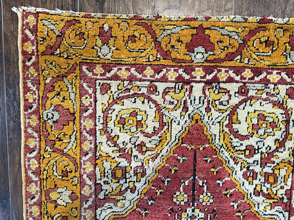 Antique Turkish Prayer Rug 3x5, Hand Knotted Turkish Melas Oushak Wool Carpet, Mehrab Rug, Orange & Red Vintage Rug 3 x 5 Collectible