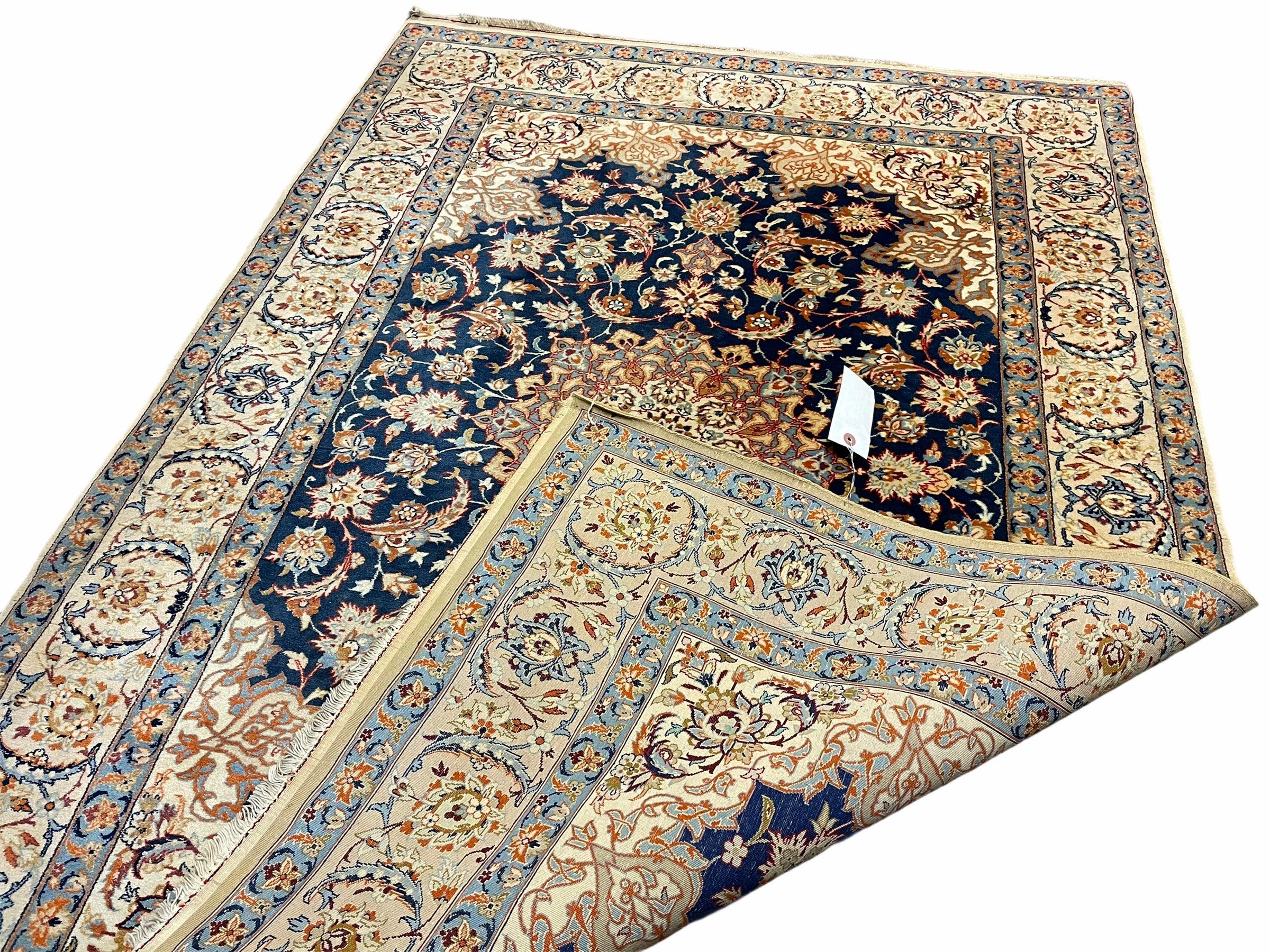 Persian Isfahan Rug 4x5, Navy Blue & Ivory, Wool and Silk Highlights