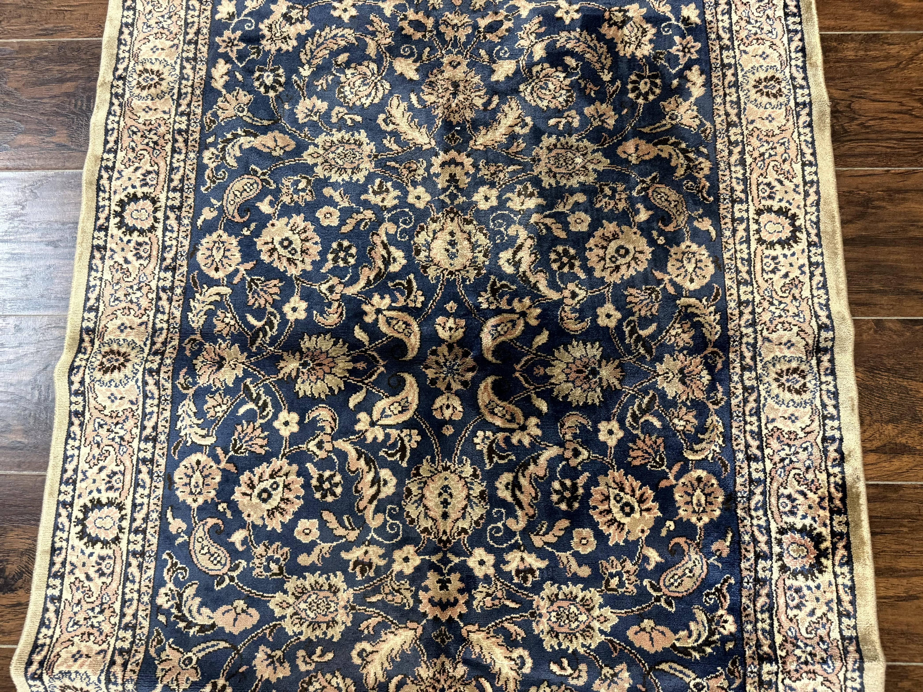 Vintage Art Silk Rug 3x4, Traditional Oriental Persian Design Rug, Belgium Power Loomed Rug, Navy Blue