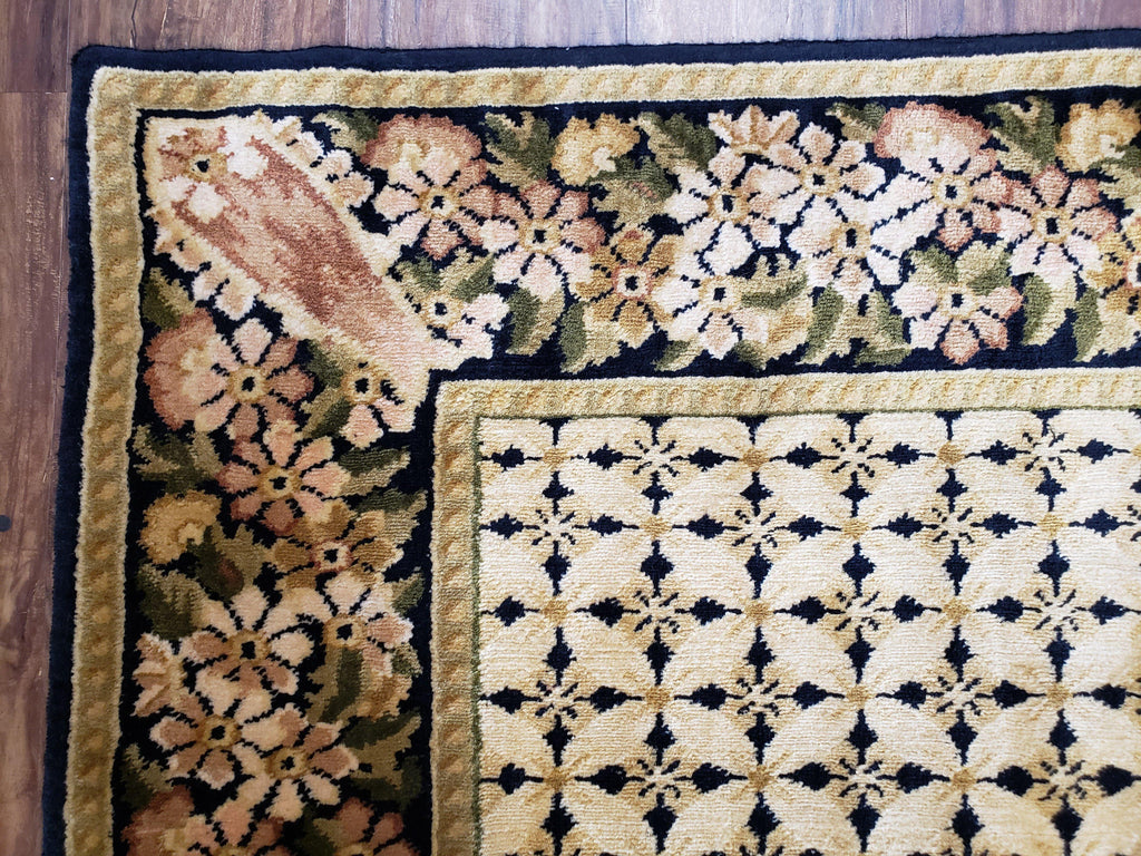 Indian Rug with Tibetan Weave, 6x8 - 6x9 Rugs, Indo-Tibetan Rug, Black and Cream Beige Tan, Floral Border, Soft Rug, Handmade Area Rug, Wool