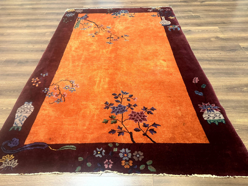Chinese Art Deco Rug 5x8, Antique Chinese Wool Rug, Nichols Rug, Rare Chinese Carpet, Orange and Purple-Maroon