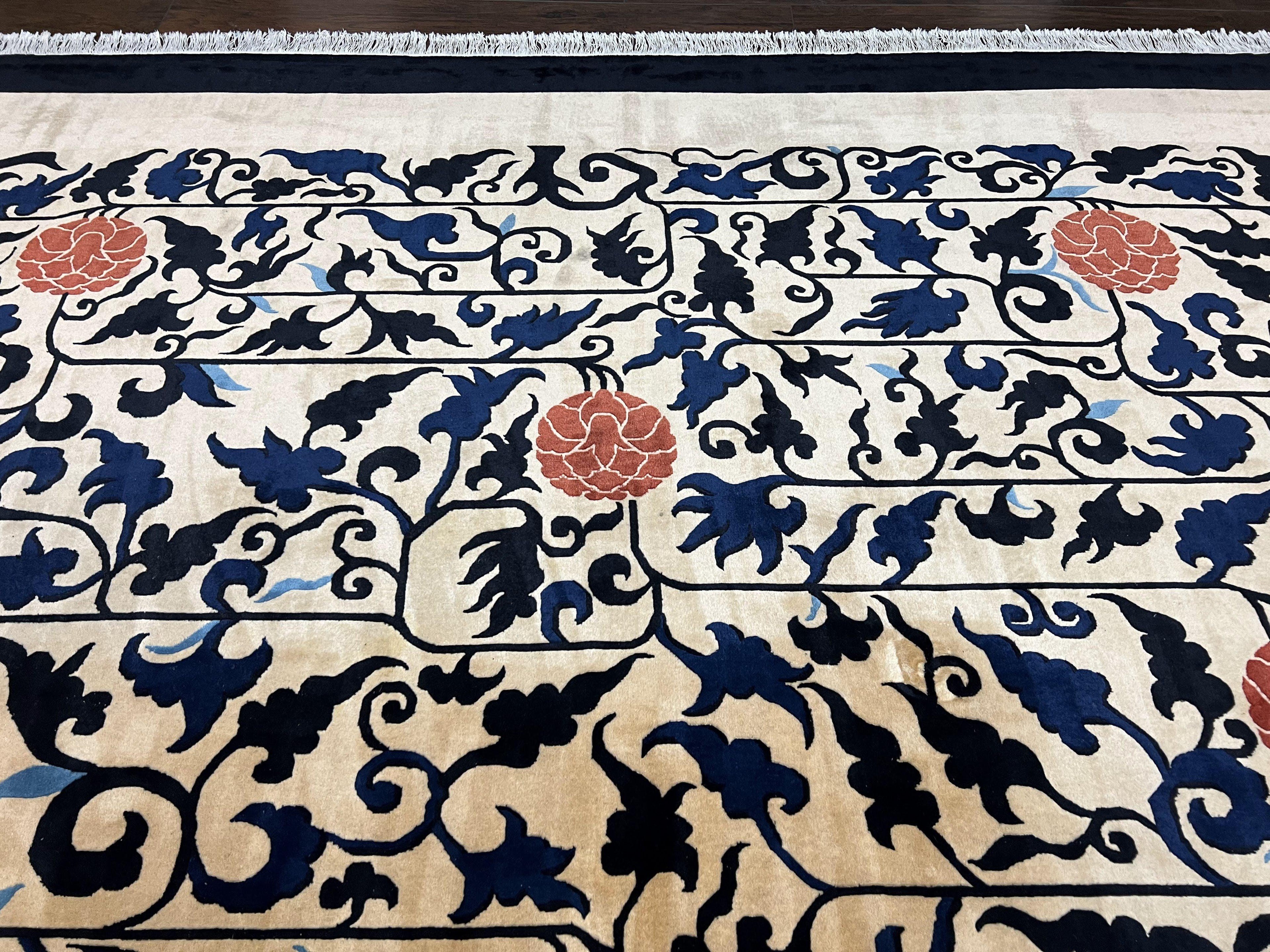 Antique Chinese Peking Rug 10x14, Beige Black, Handmade Wool Art Deco Carpet