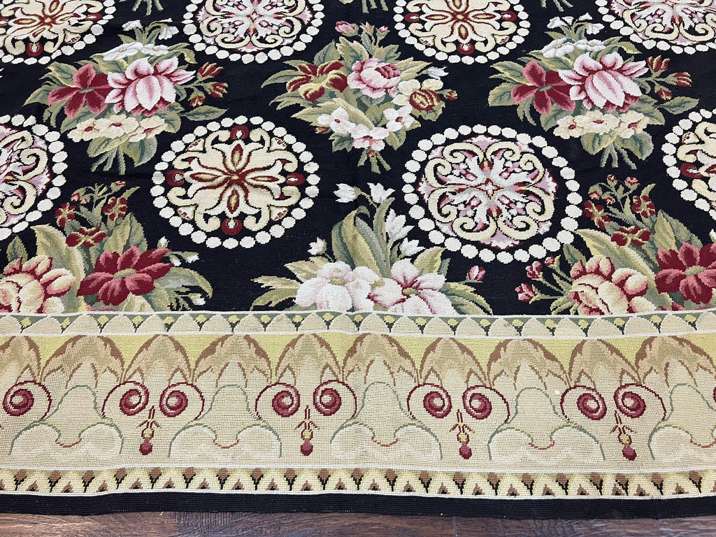 9x12 Black Needlepoint Rug, European Floral Panel Design, Handwoven, Vintage Chinese Needlepoint, Black Green Beige, Wool Rug 9 x 12
