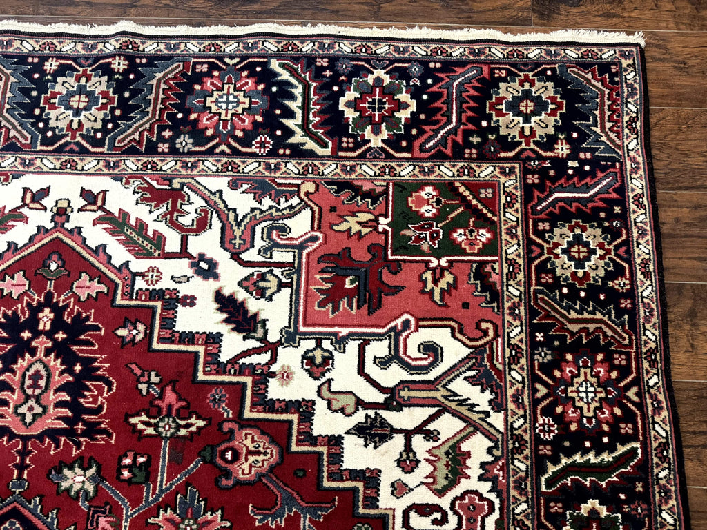 Indo Persian Heriz Rug 8x10, Geometric Medallion, Brick Red Ivory Navy Blue, Room Sized Heriz Carpet, Wool Rug