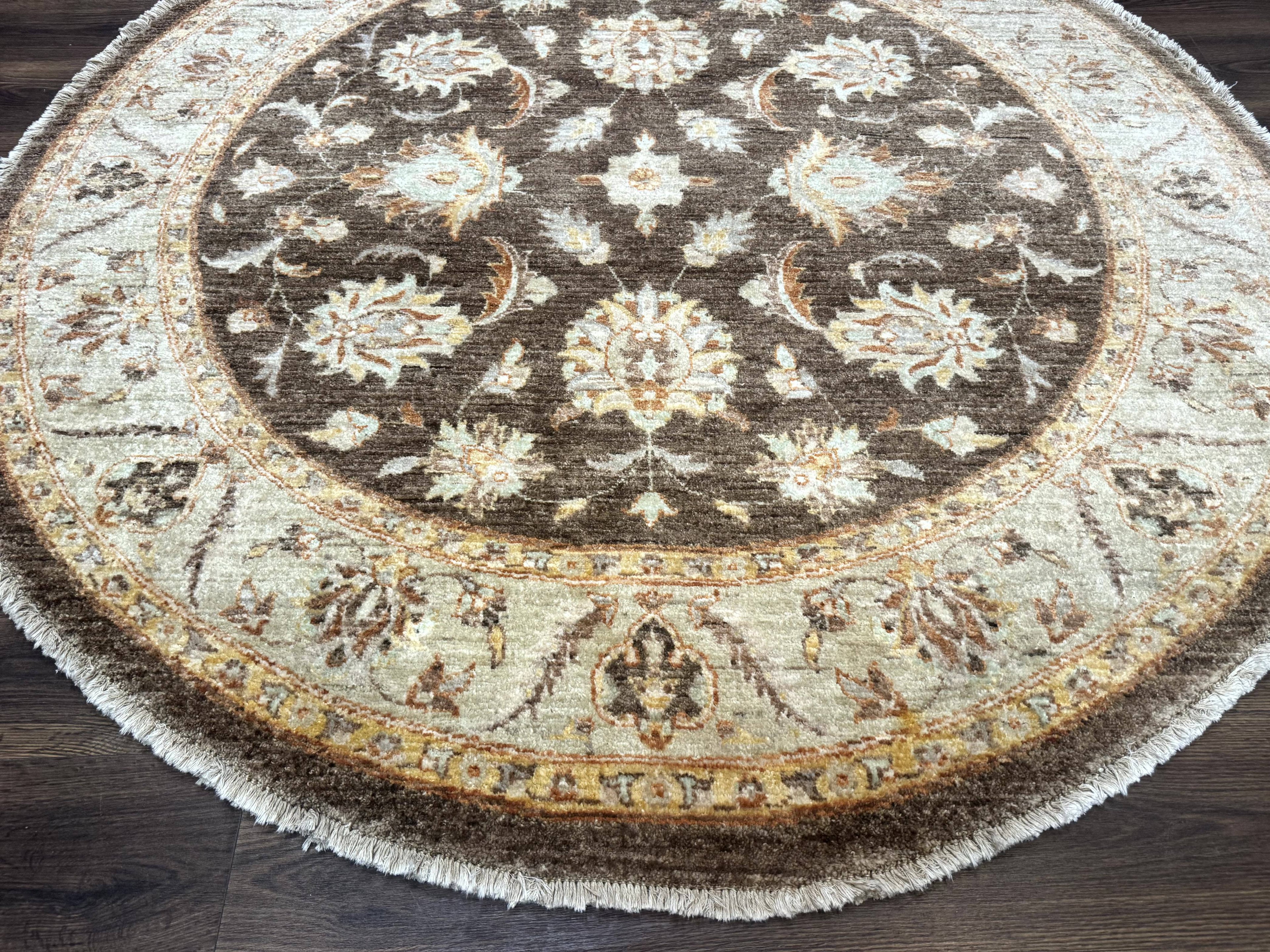 Round Pakistani Rug 6x6, Brown and Beige, Floral, Peshawar Rug, Traditional