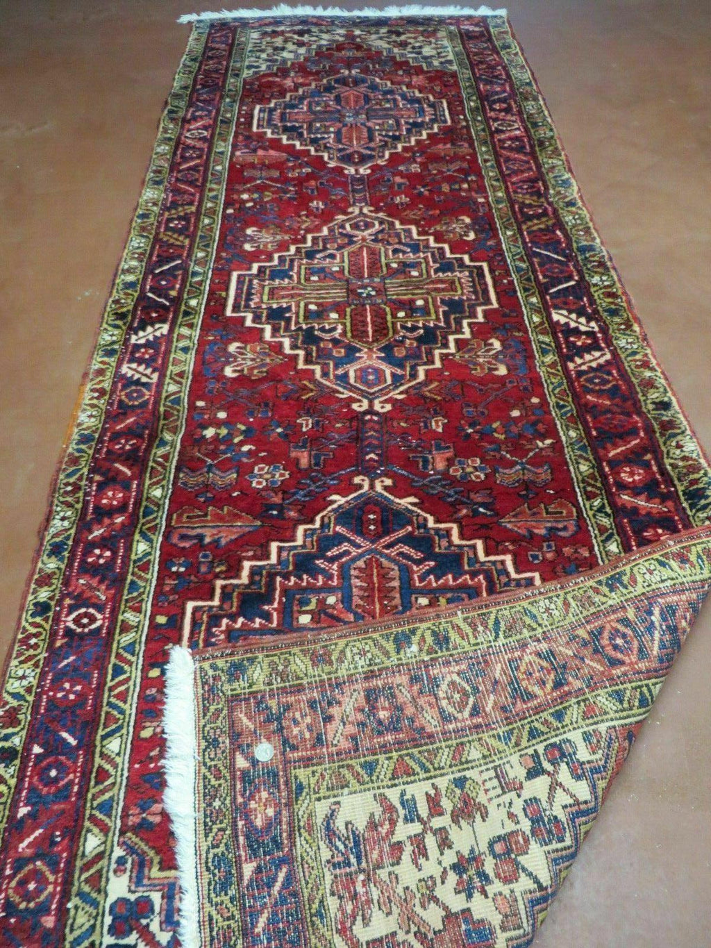 Persian Runner Rug, Heriz Runner Rug, Geometric Medallions, Red Cream Navy Blue Wool Hallway Rug 3.9 x 10.8 Antique Oriental Runner Handmade
