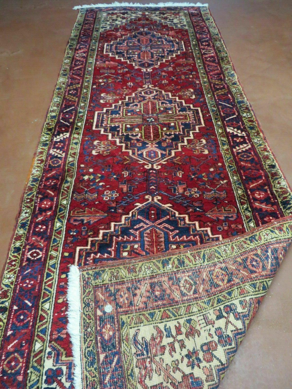 Persian Runner Rug, Heriz Runner Rug, Geometric Medallions, Red Cream Navy Blue Wool Hallway Rug 3.9 x 10.8 Antique Oriental Runner Handmade