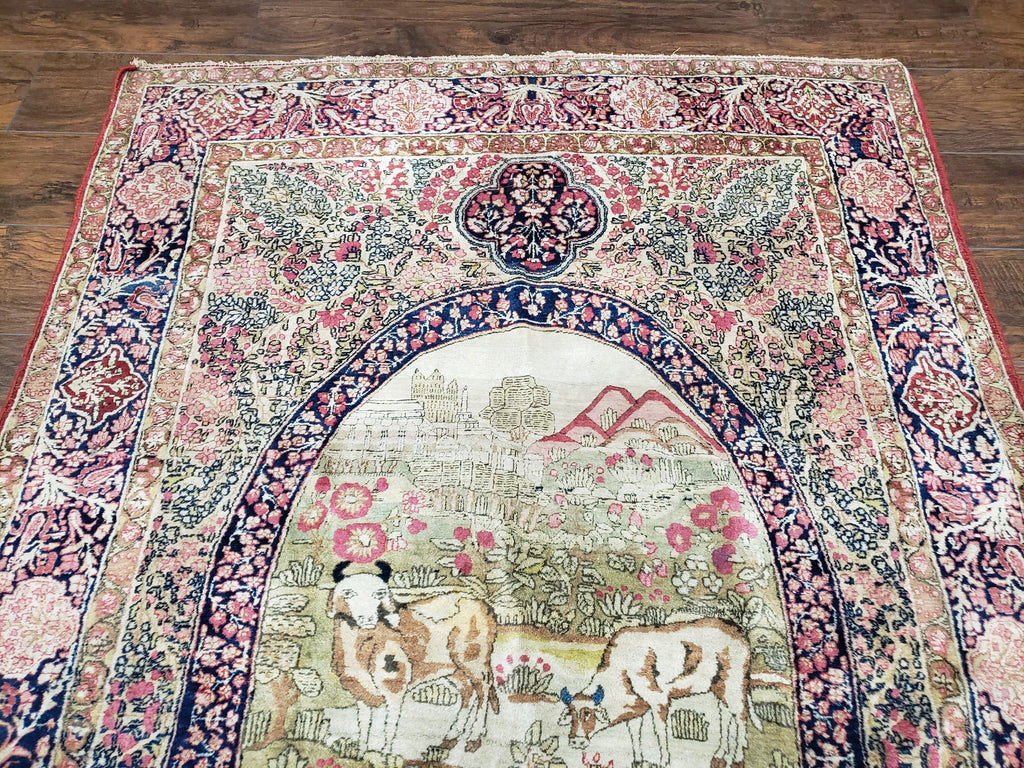 Antique Persian Kerman Lavar Rug 4.4 x 7.5, Highly Collectible Rare, 1880s Rug, Millefleurs, Cows, Wool Hand Knotted, Pictorial