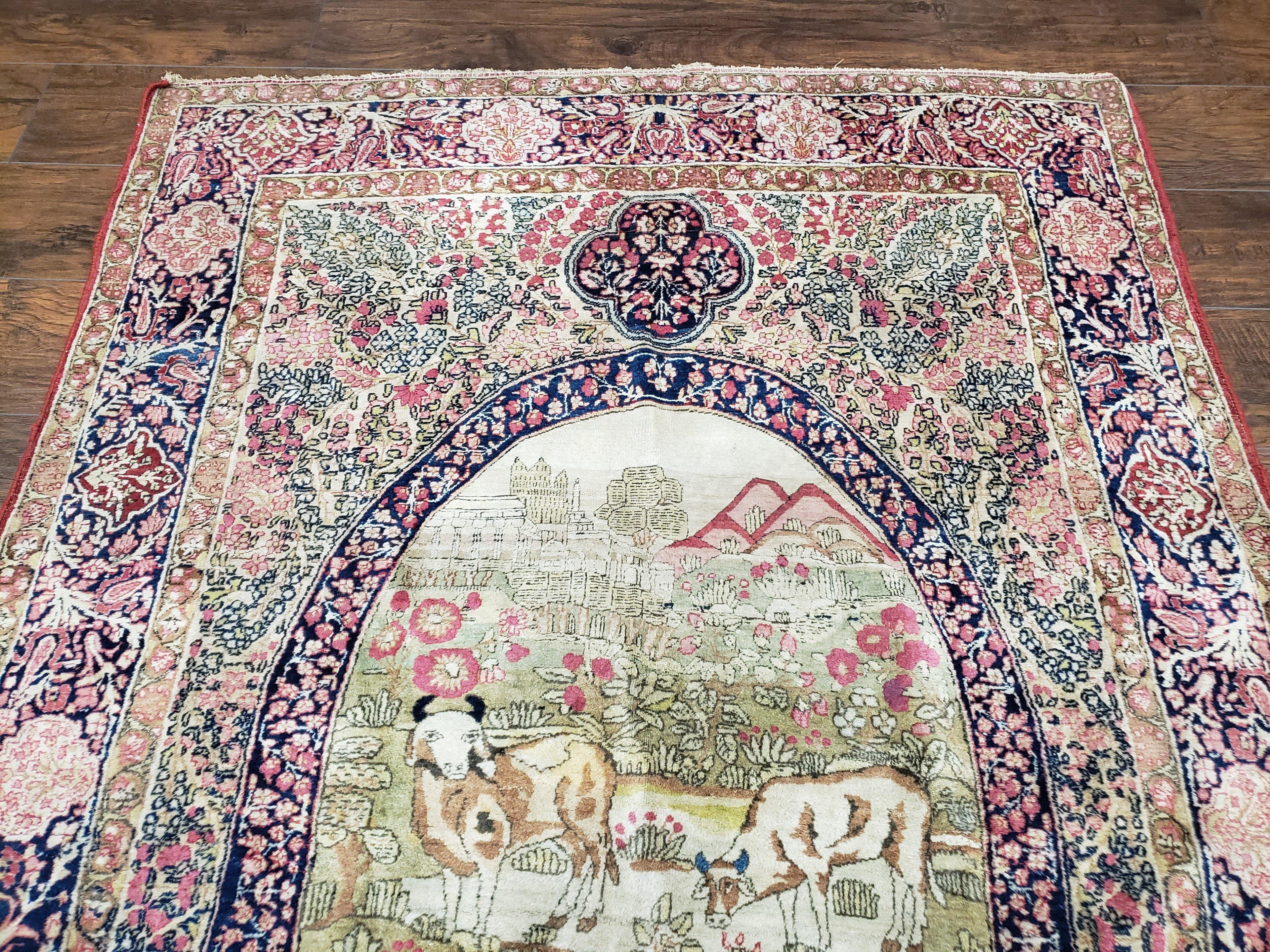 Antique Persian Kerman Lavar Rug 4.4 x 7.5, Highly Collectible Rare, 1880s Rug, Millefleurs, Cows, Wool Hand Knotted, Pictorial