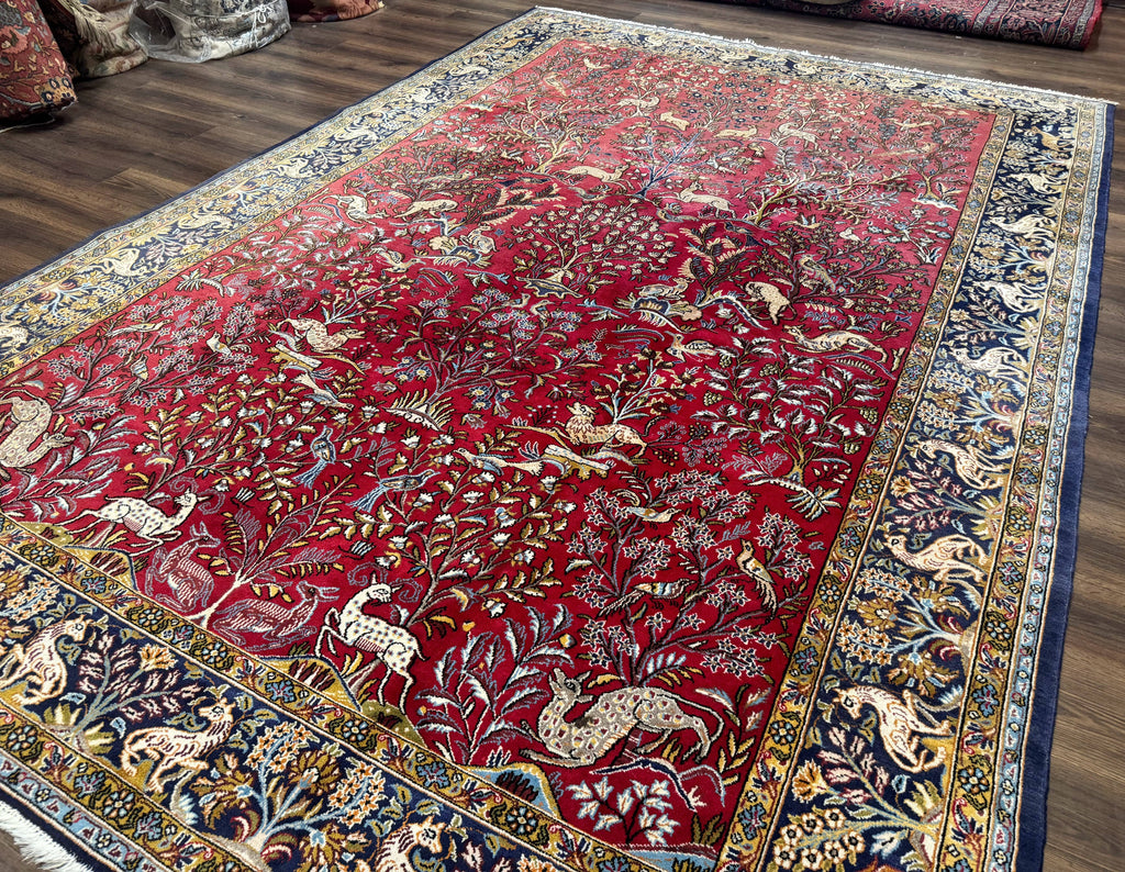 Persian Qum Rug 9x12, Animal Pictorials, Deer Birds, Tree of Life, Red and Navy Blue