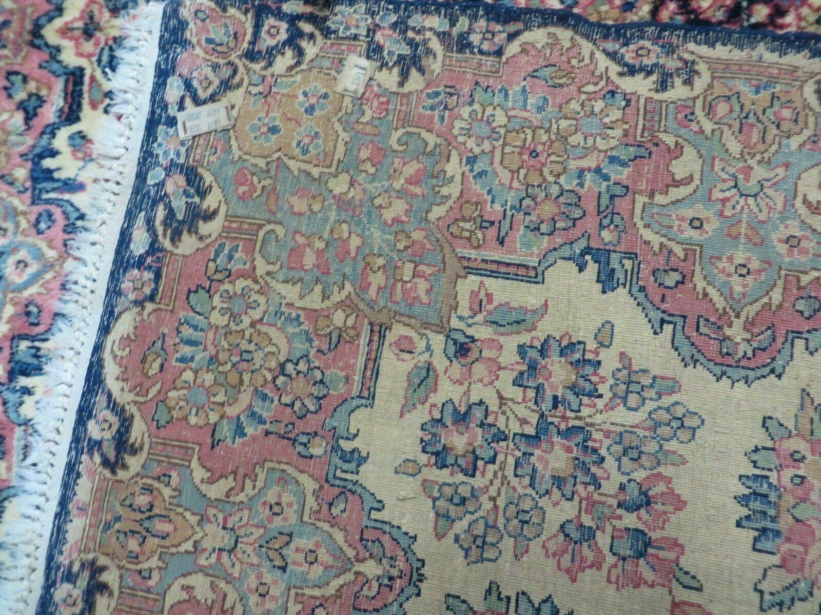 Antique Persian Kirman Rug 3.9 x 6.6, Floral Oriental Carpet, Ivory/Cream - Blue - Pink, Hand Knotted Wool Rug, Floral Medallion Rug 4x6