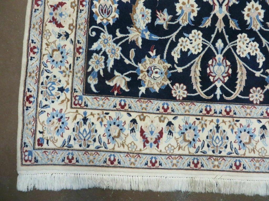 Persian Nain Rug 4x7, Navy Blue and Ivory, Handmade, Wool & Silk Highlights, Fine Oriental Rug, Vintage