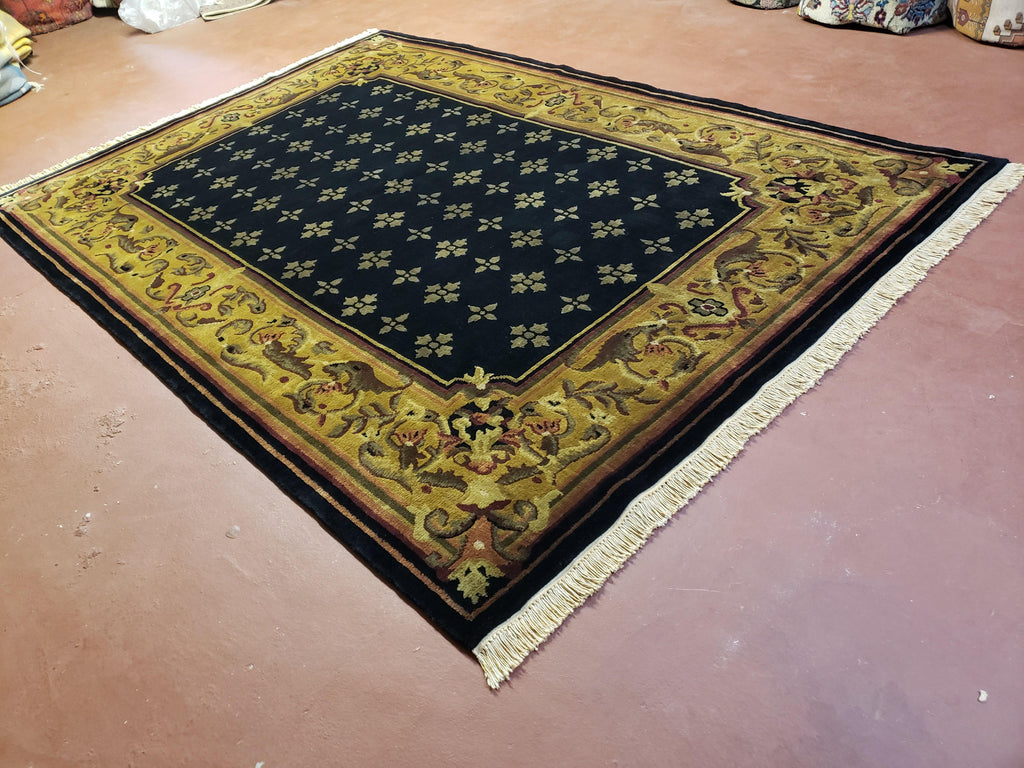 6x9 Aubusson Design Nepali Tibetan Rug Black & Tan Hand-Knotted Wool Carpet Soft Plush Pile New Rug Nice
