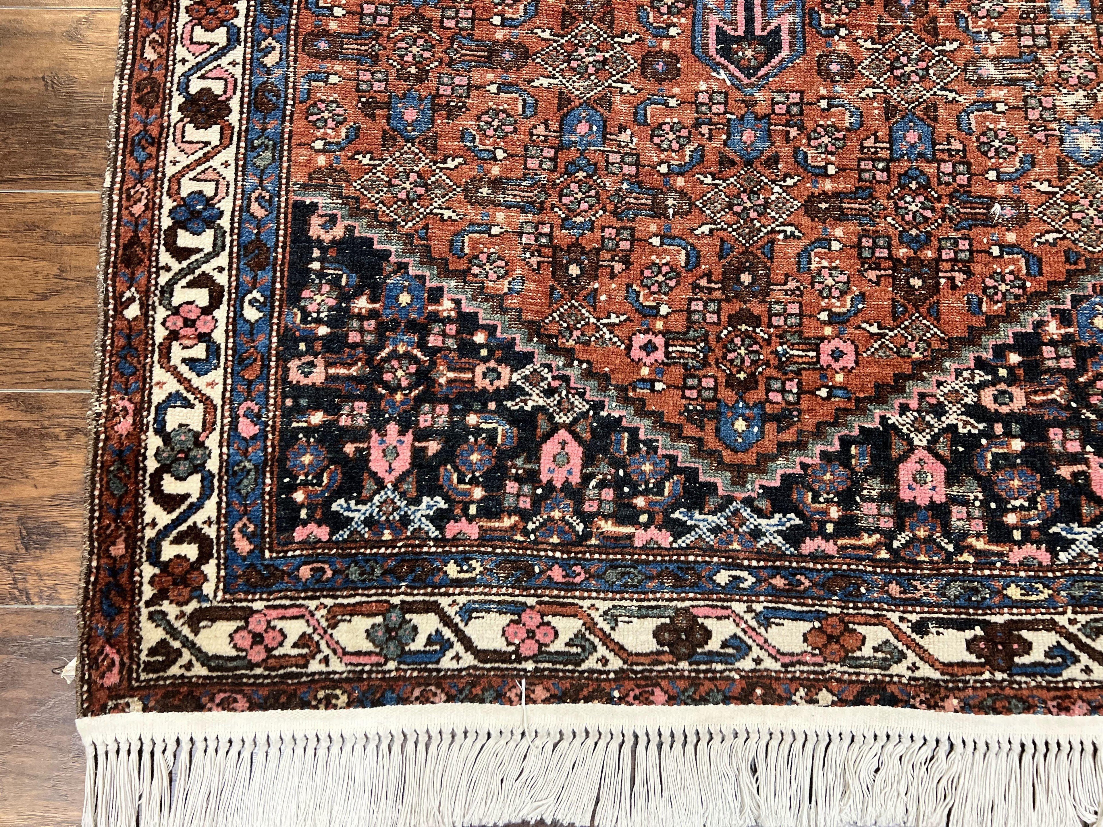 Red Persian Hamadan Rug 4x6, Wool Handmade Antique Carpet, Geometric Medallion Rug, Oriental Rug 4 x 6, Persian Tribal Rug, Hand Knotted Rug