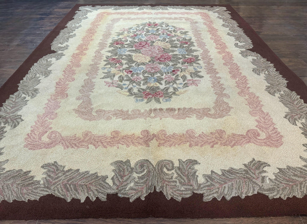 American Hand Hooked Rug 9x12, Vintage Aubusson Carpet, Wool